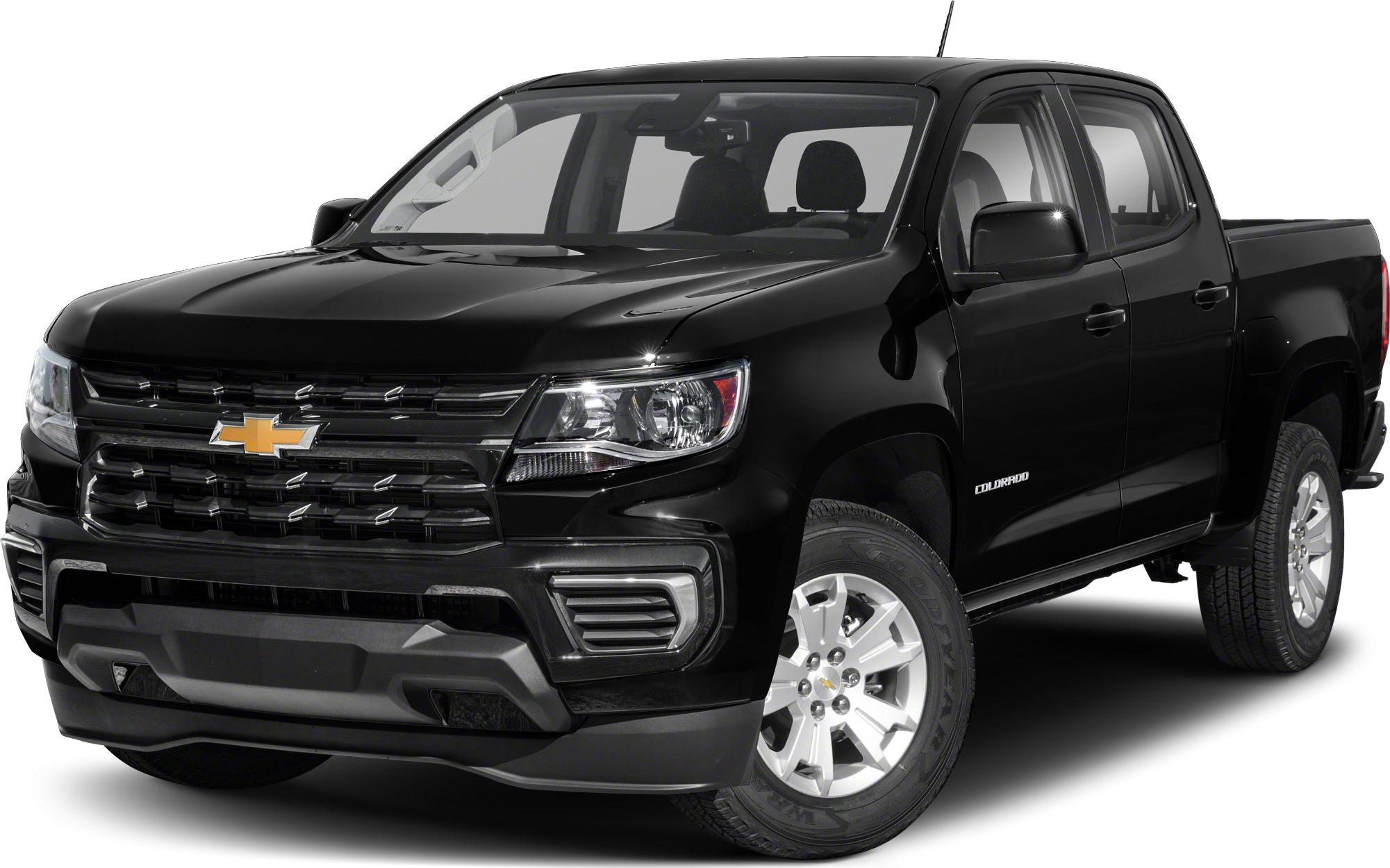 Black mid-size pickup with crew cab and long box