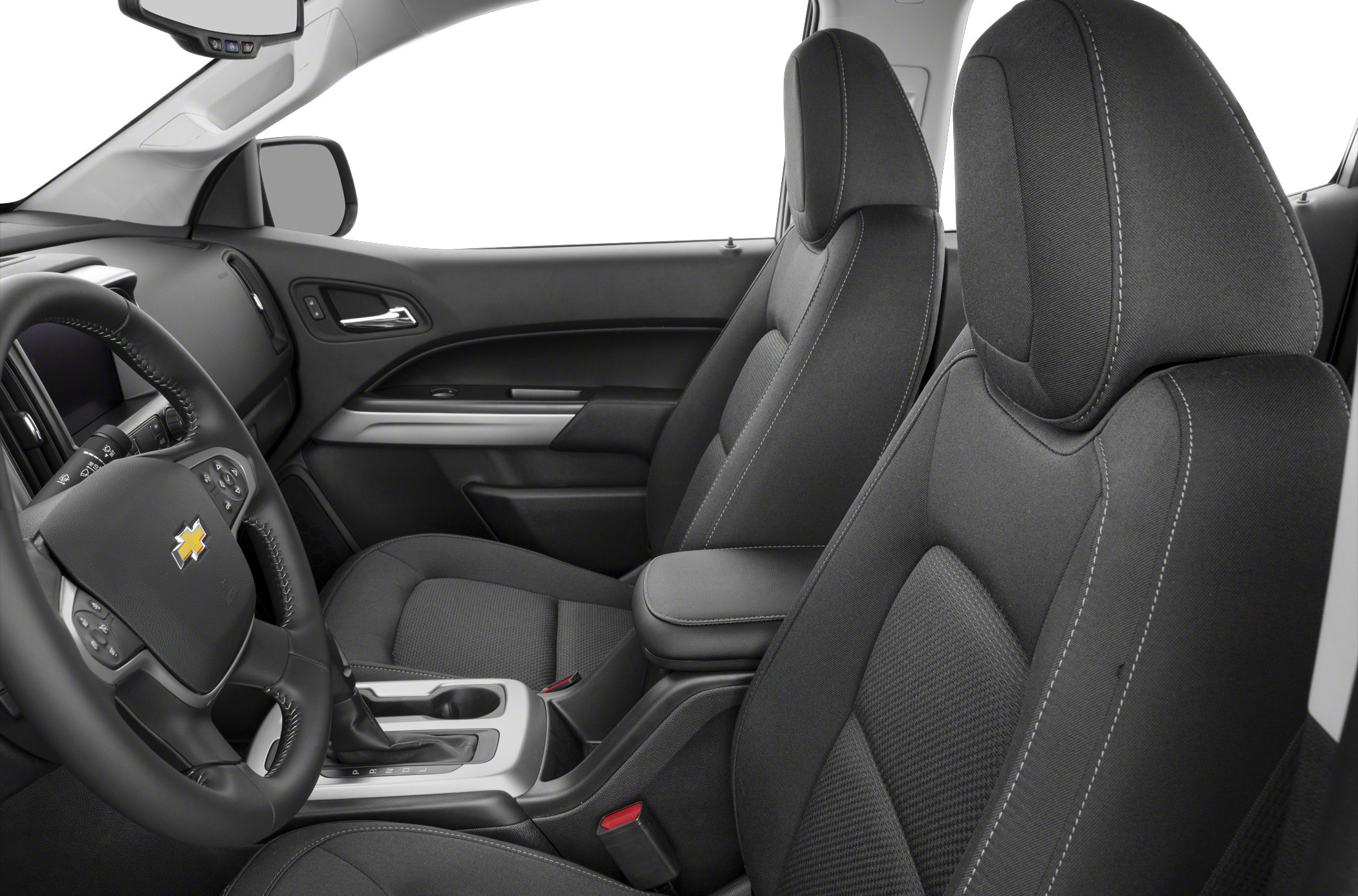 Fabric front seats and dashboard with center console in truck cabin