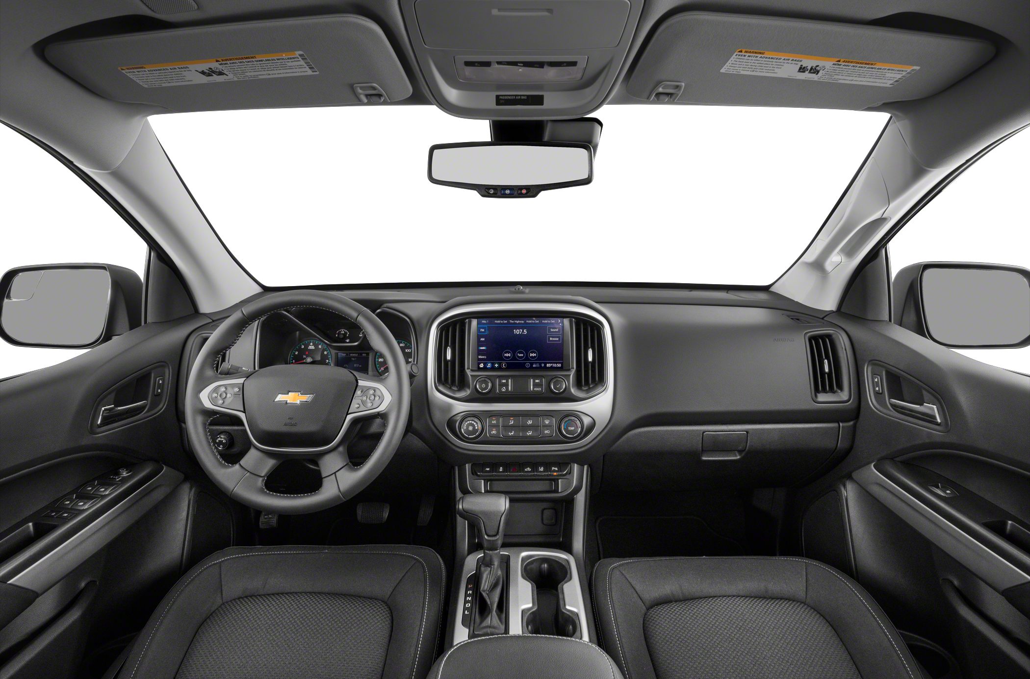Dashboard with central touchscreen, steering wheel controls, black cloth seats