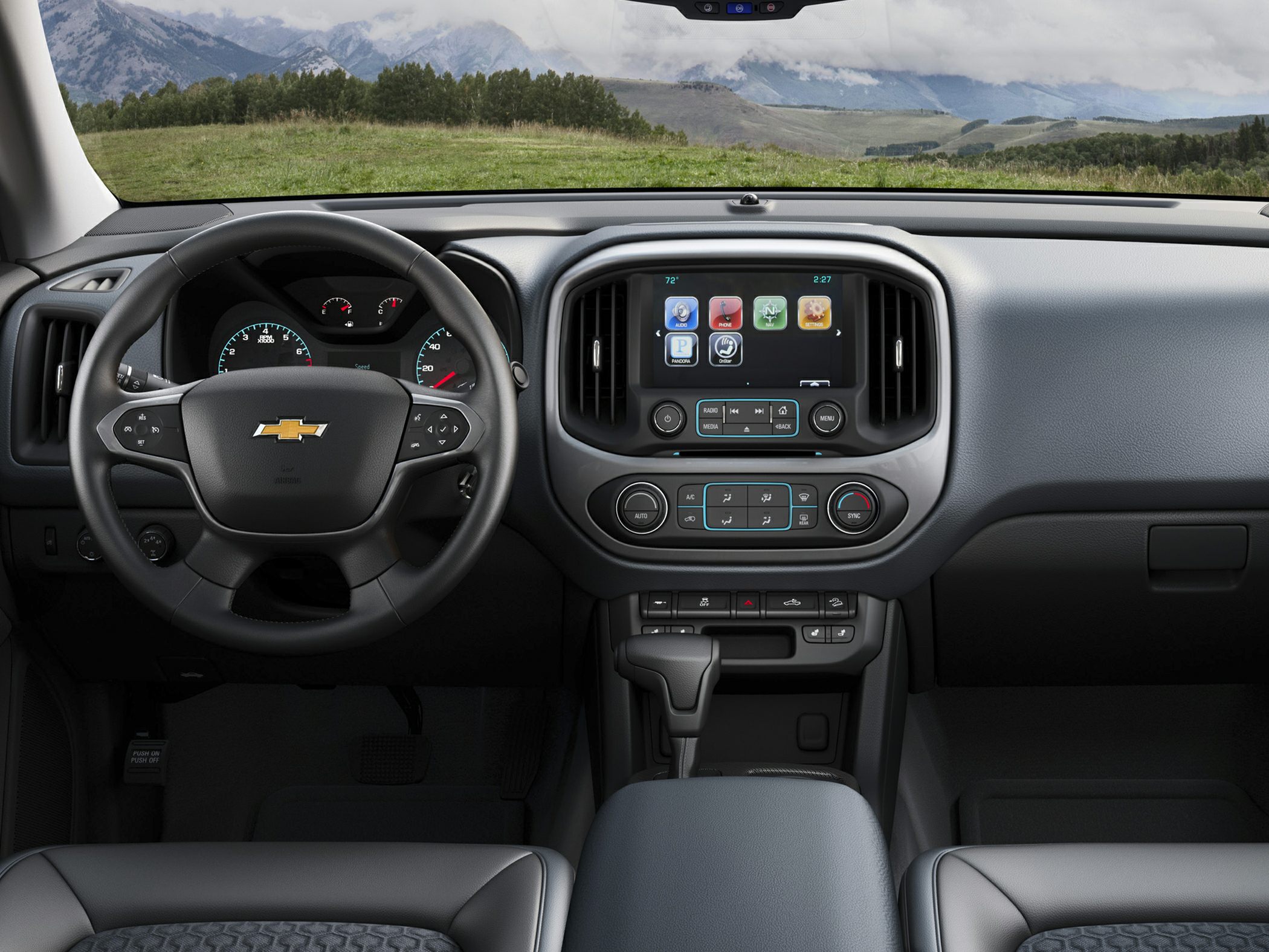 Modern dashboard with steering wheel and infotainment touchscreen