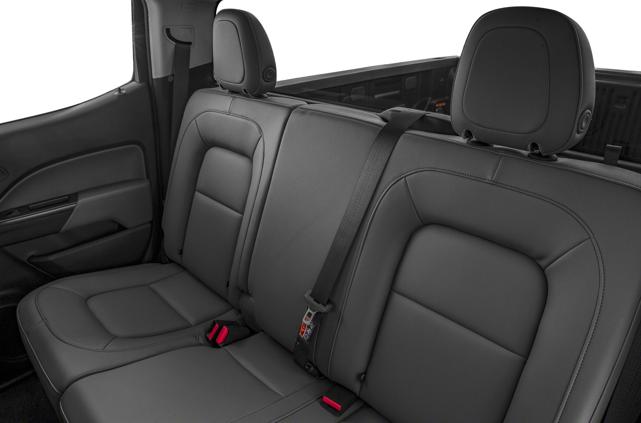 Leather rear seating with headrests and seat belts in crew cab short box.