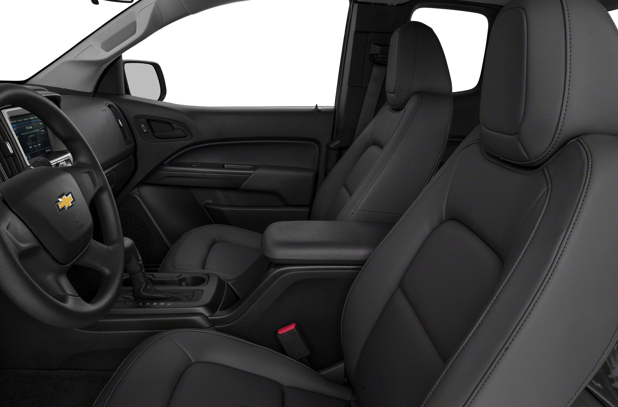 Black leather seats and dashboard interior with center console and steering wheel