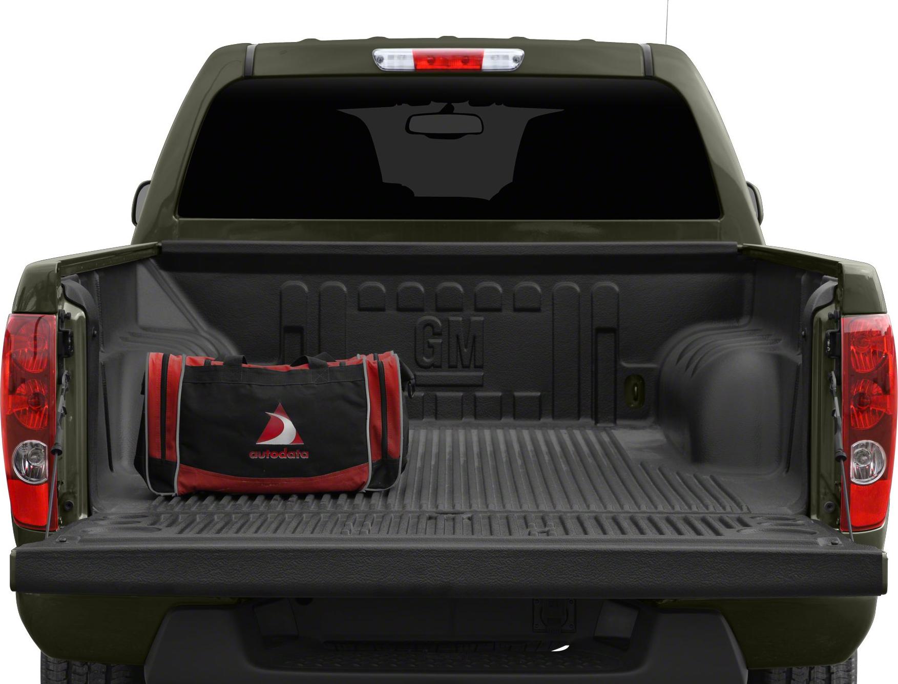 Truck bed with black protective liner and red-black cargo bag