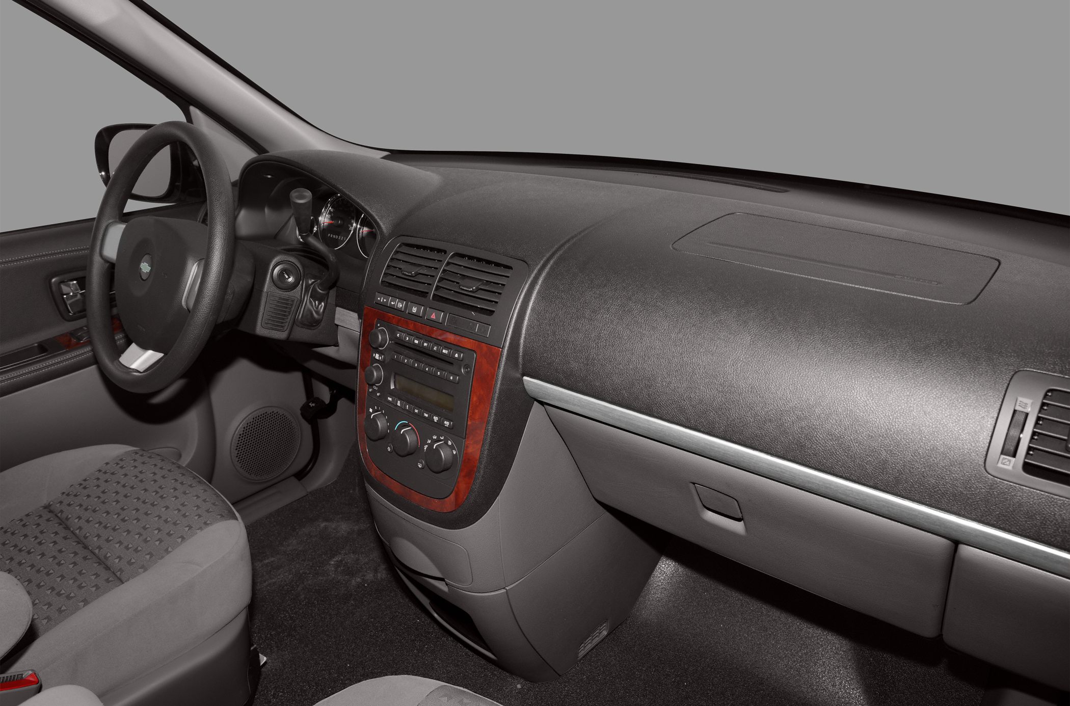 Car interior dashboard and steering wheel with functional controls