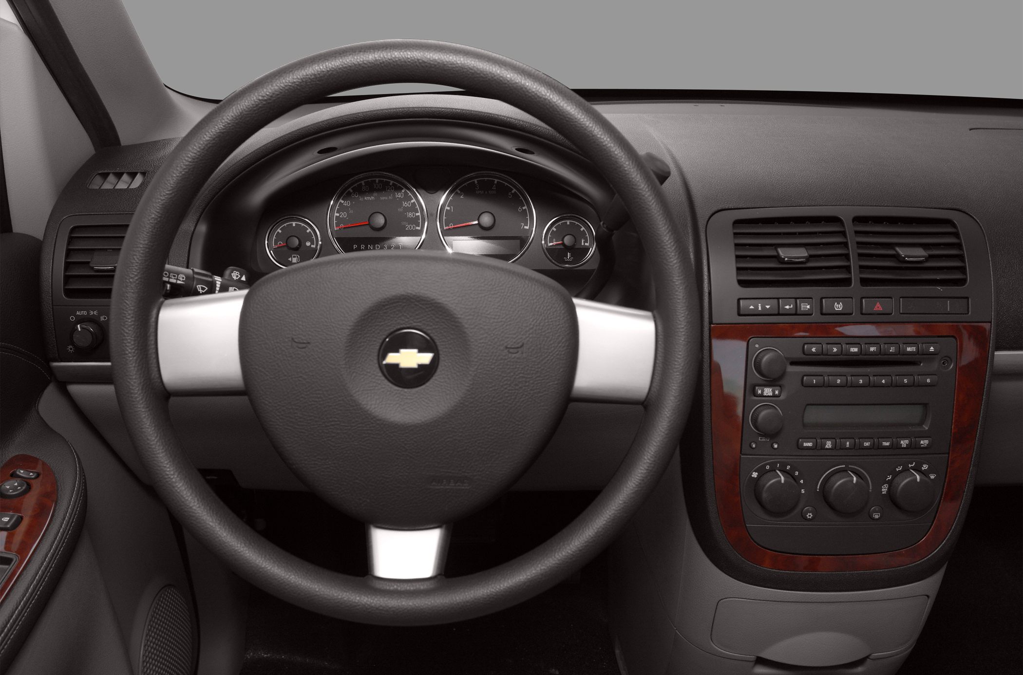 Steering wheel and dashboard with instrument cluster and control panel