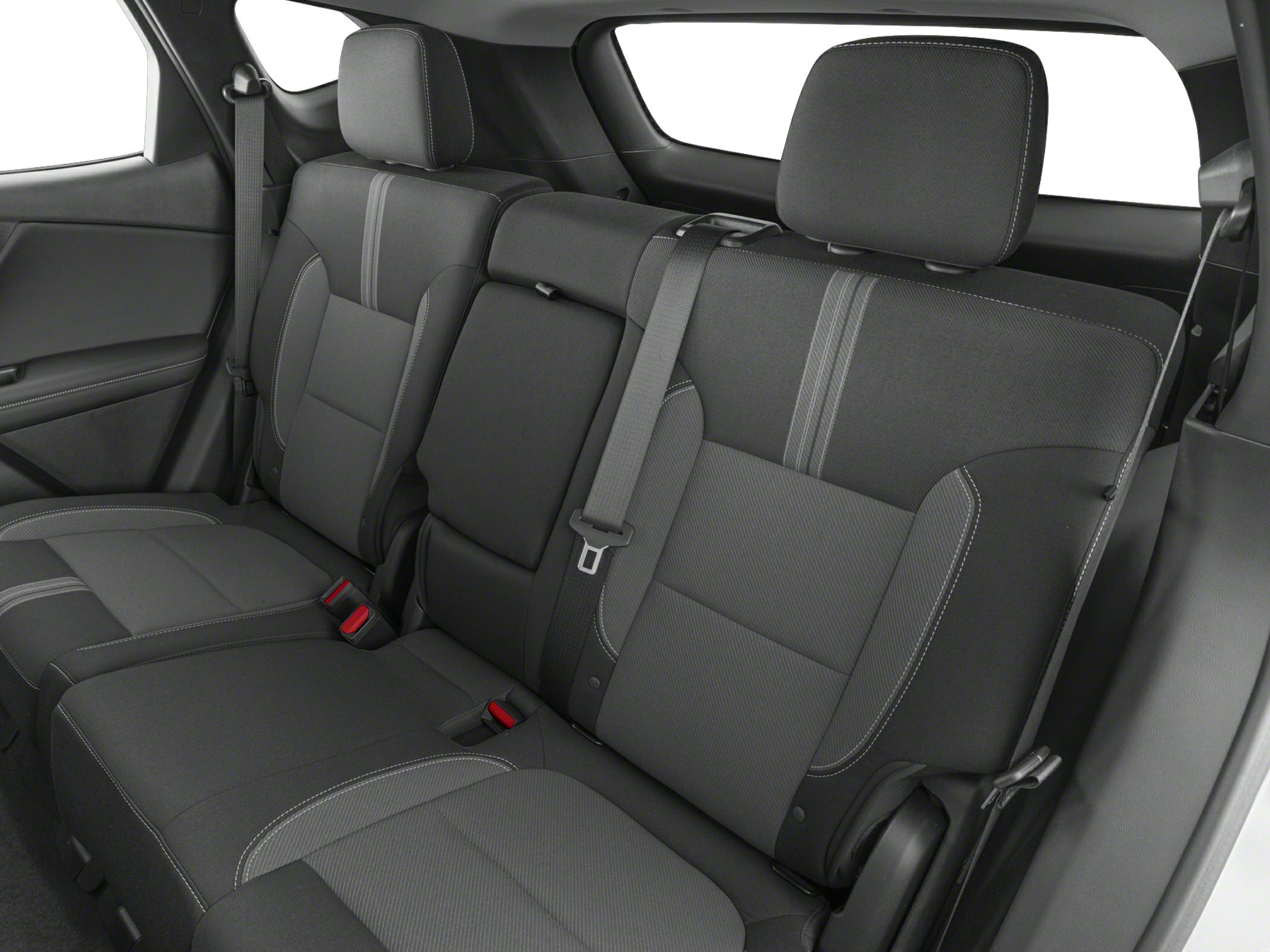 Rear seating with fabric upholstery and seat belts