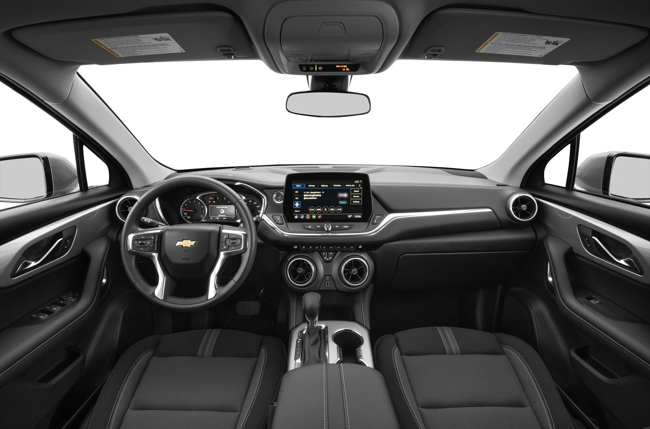 Modern dashboard with touchscreen, steering wheel controls, and dual round air vents.