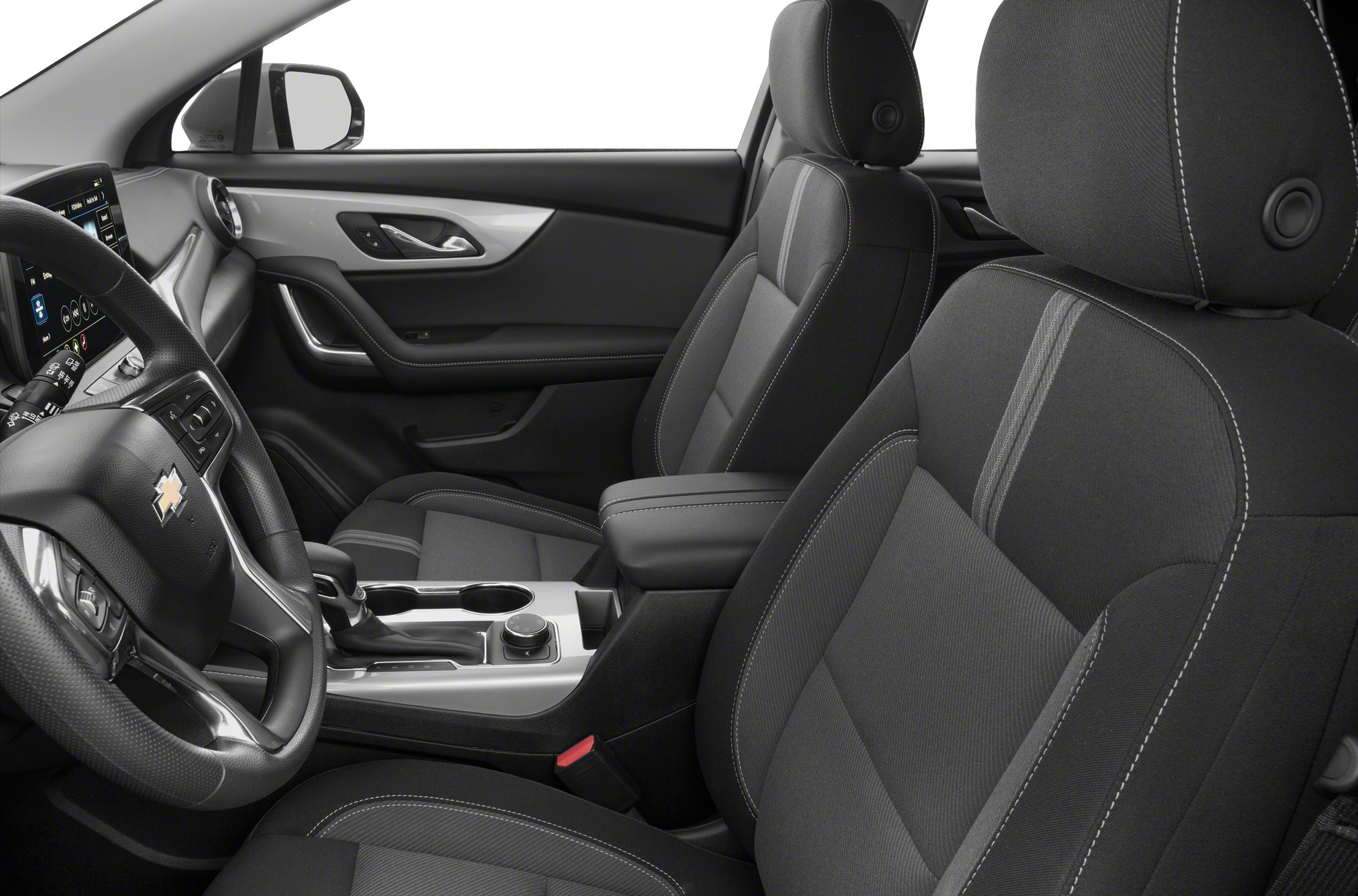 Front seats and dashboard interior with steering wheel and center console