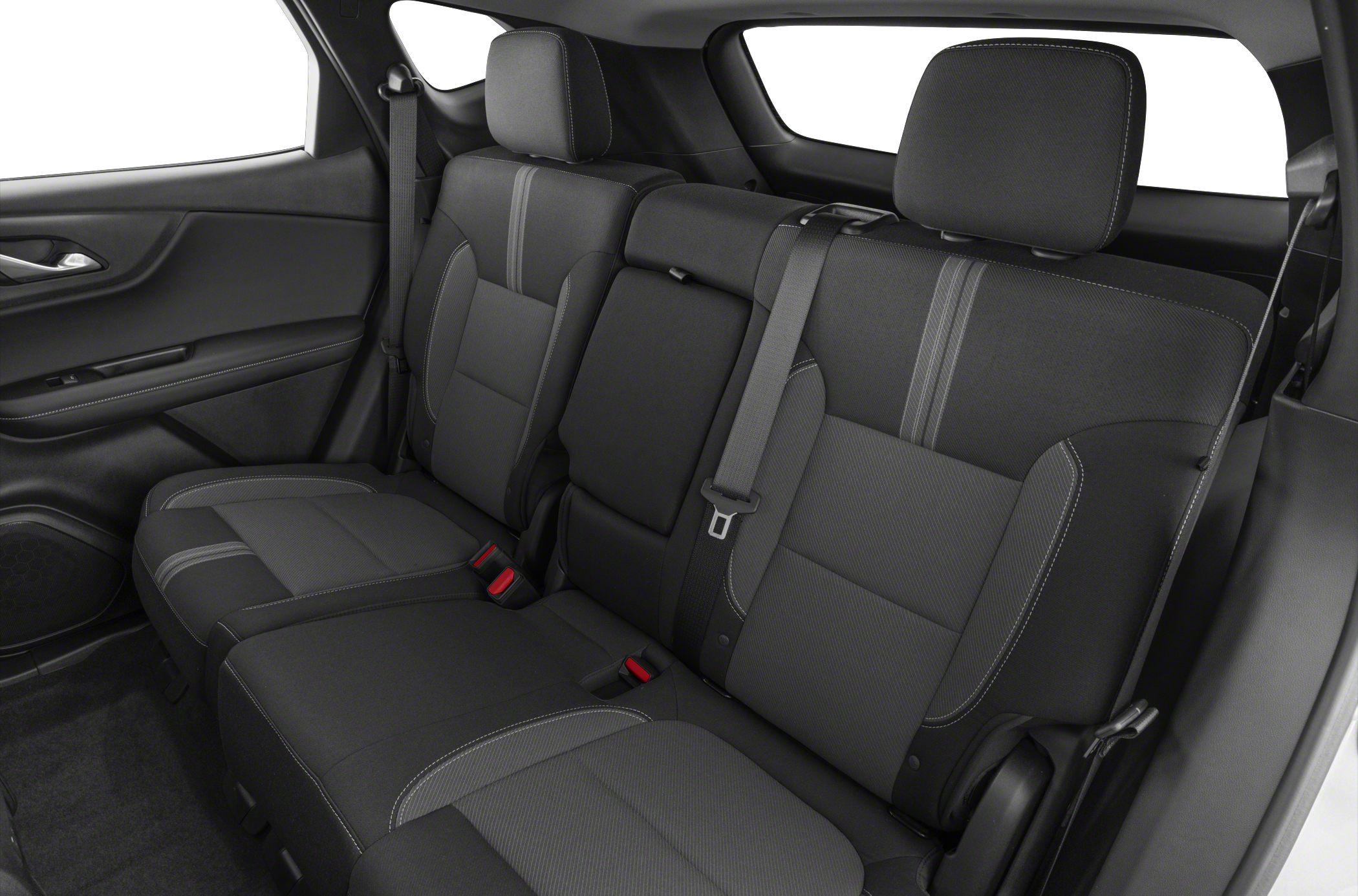 Rear seat upholstery and interior design with headrests and seatbelts