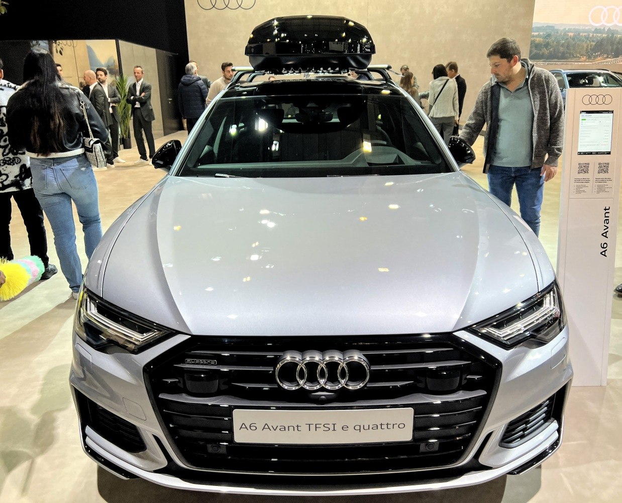 Front view of car with roof cargo box and distinctive grille