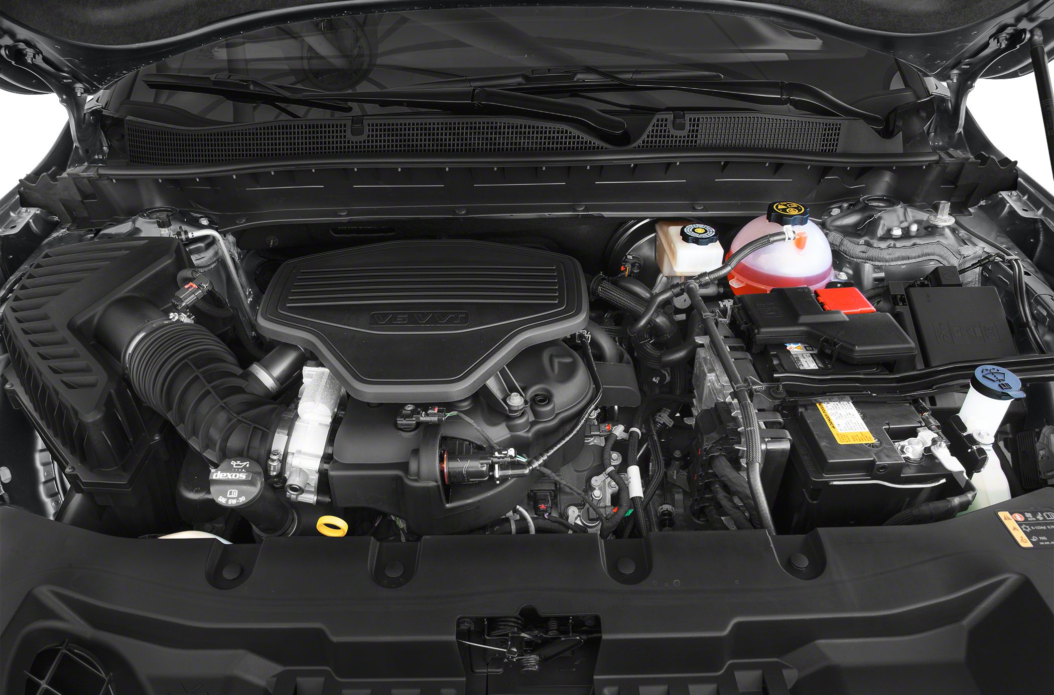 V6 engine bay with detailed components and fluid reservoirs
