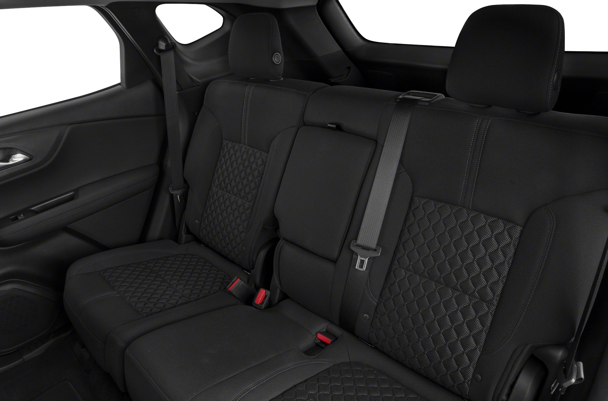Quilted rear seats with seatbelt and headrest features