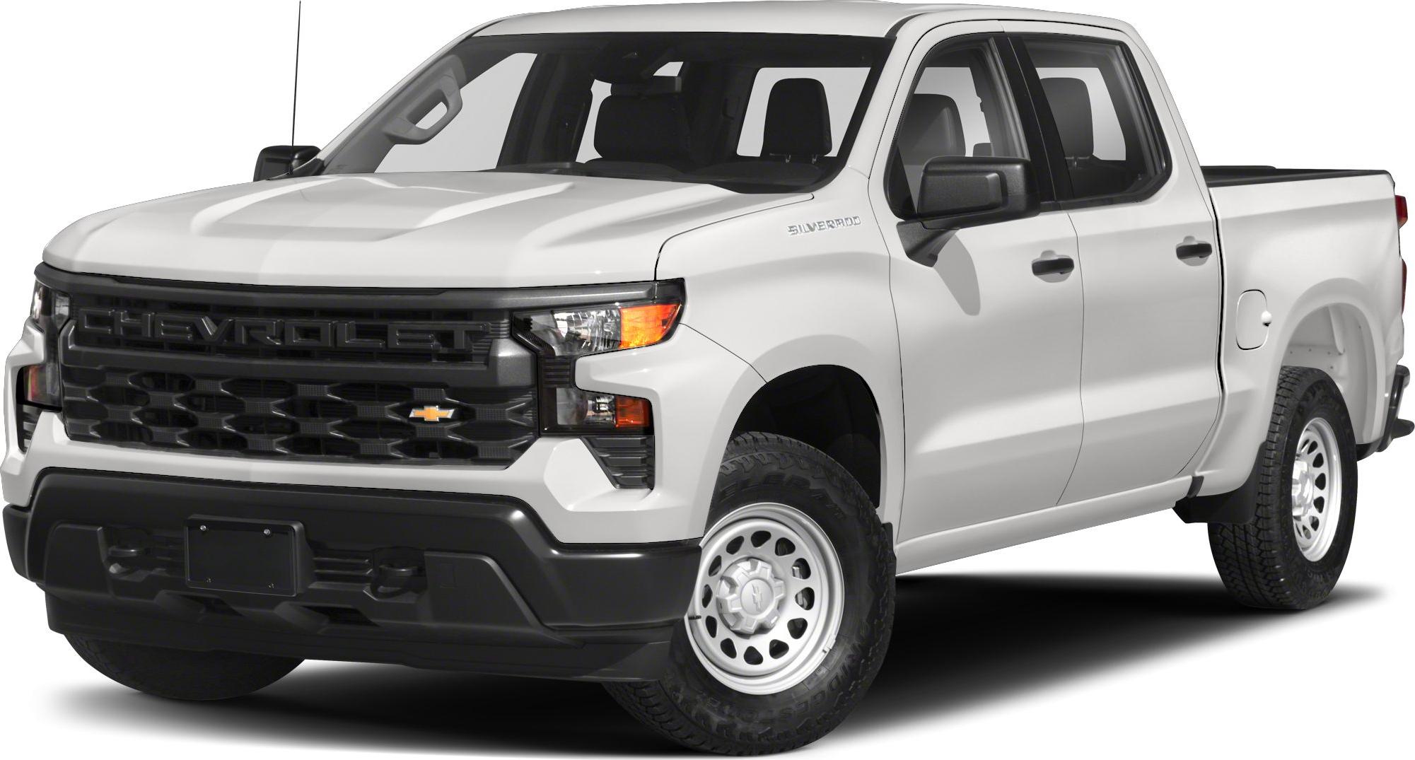 Pickup truck front and side view with crew cab and standard box.