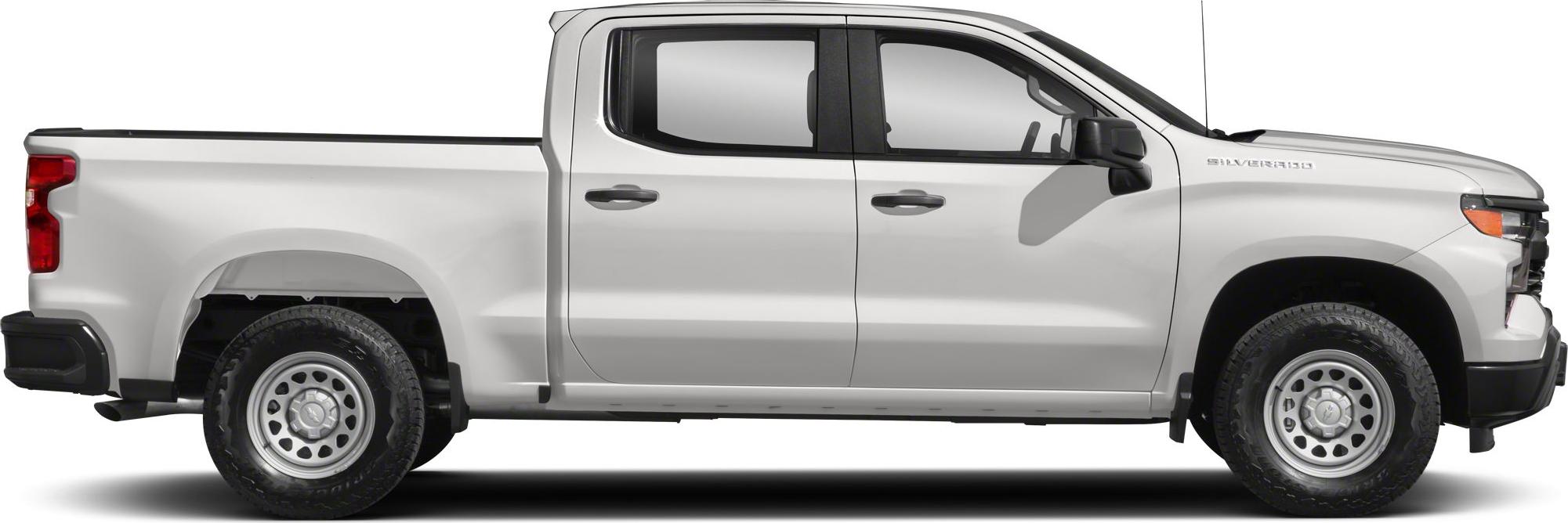Side profile of crew cab short box pickup with steel wheels and rugged tires