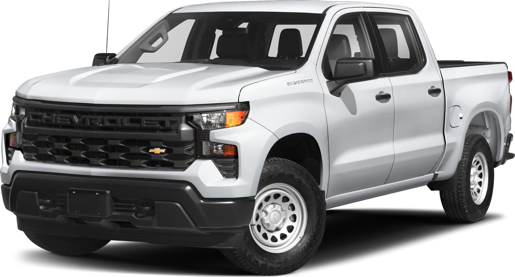 Front and side view of white pickup with regular cab and steel wheels.