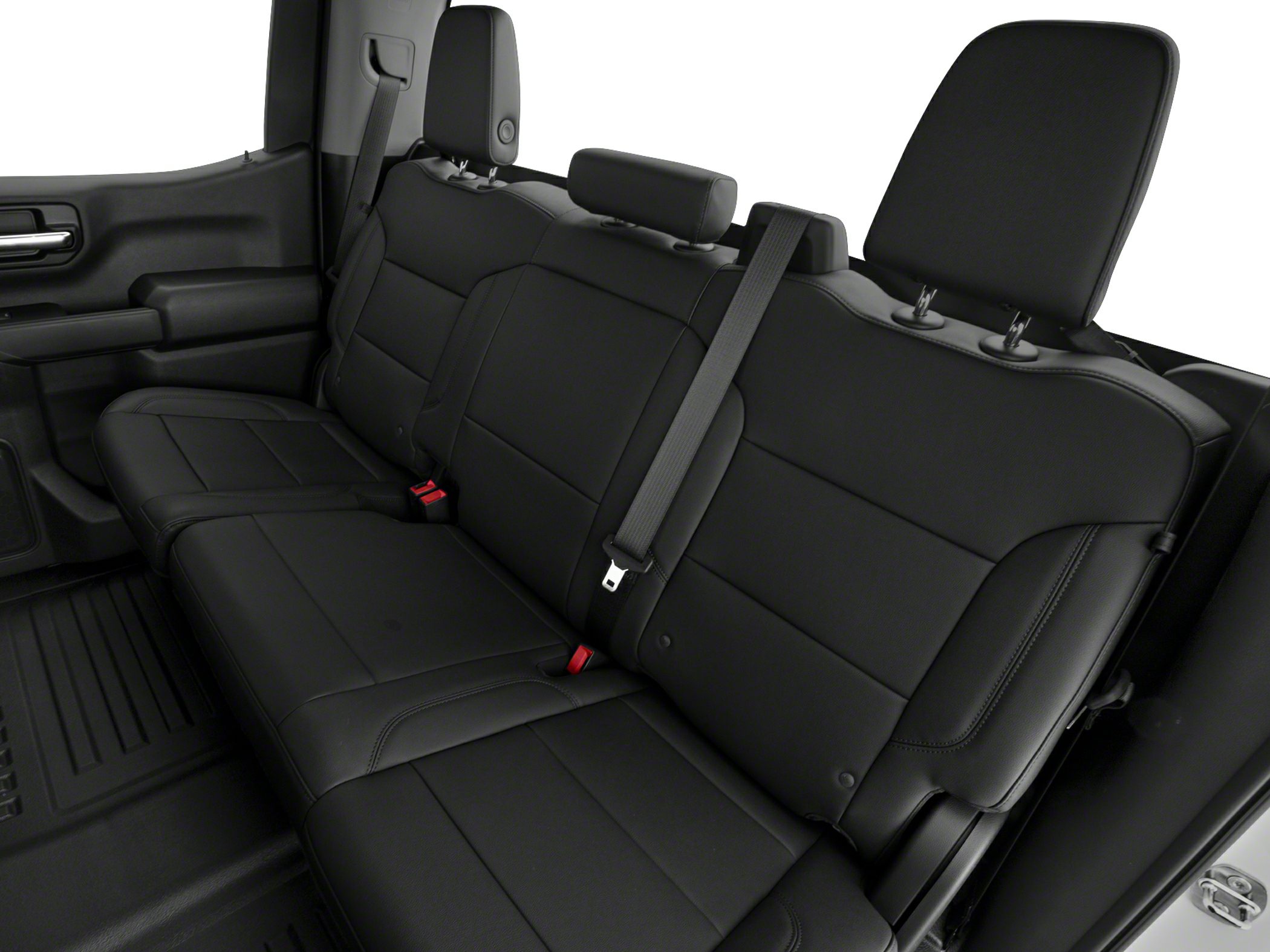 Black leather rear bench seating with integrated headrests.