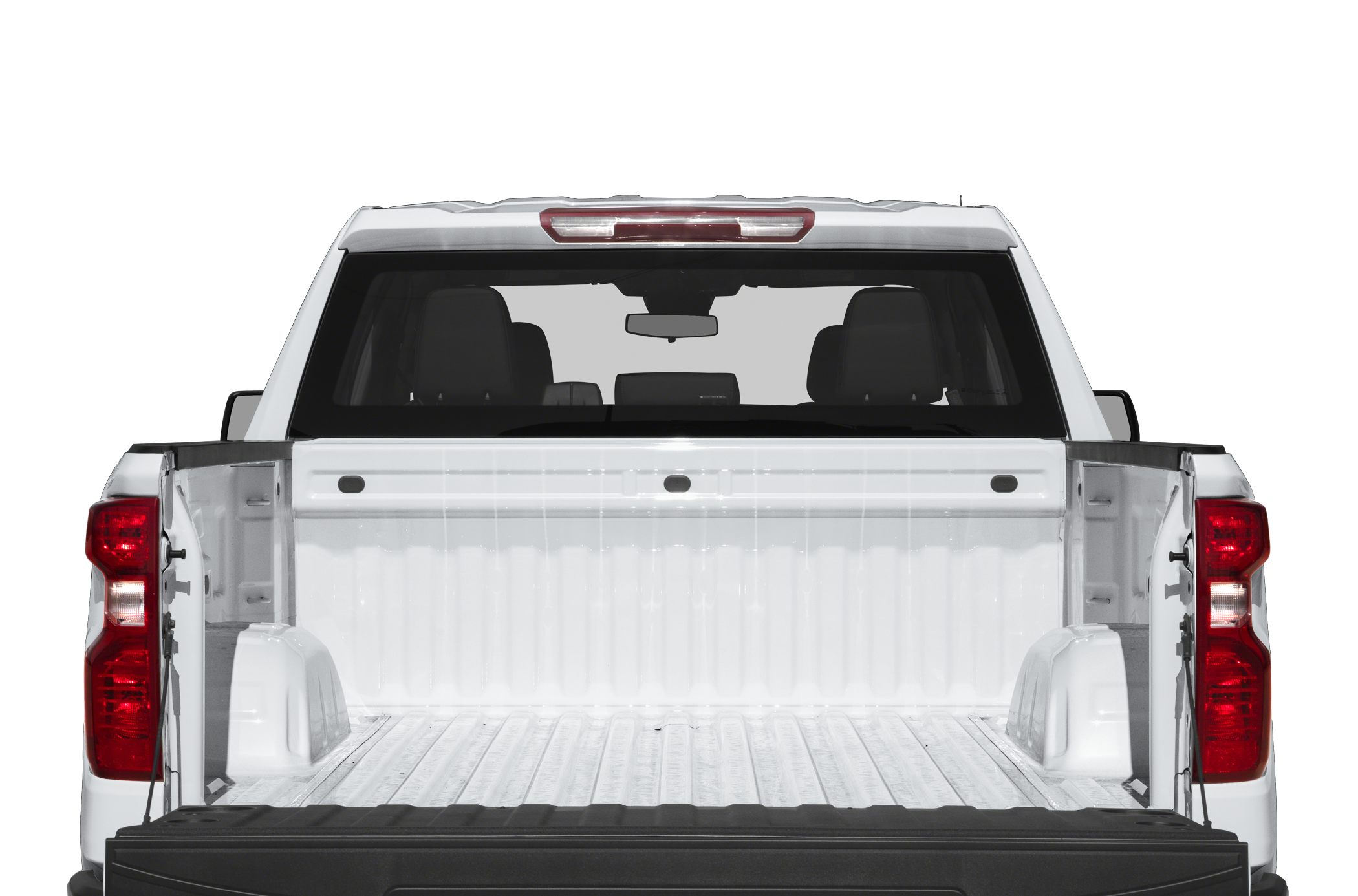 Open pickup truck bed with tailgate down and rear window visible