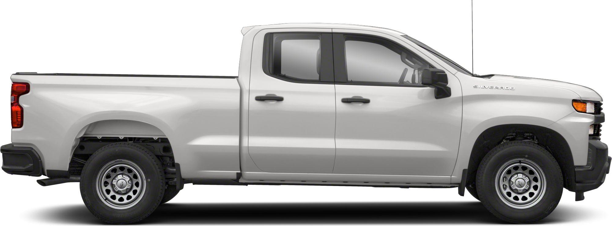 White pickup truck with extended double cab and cargo bed side profile