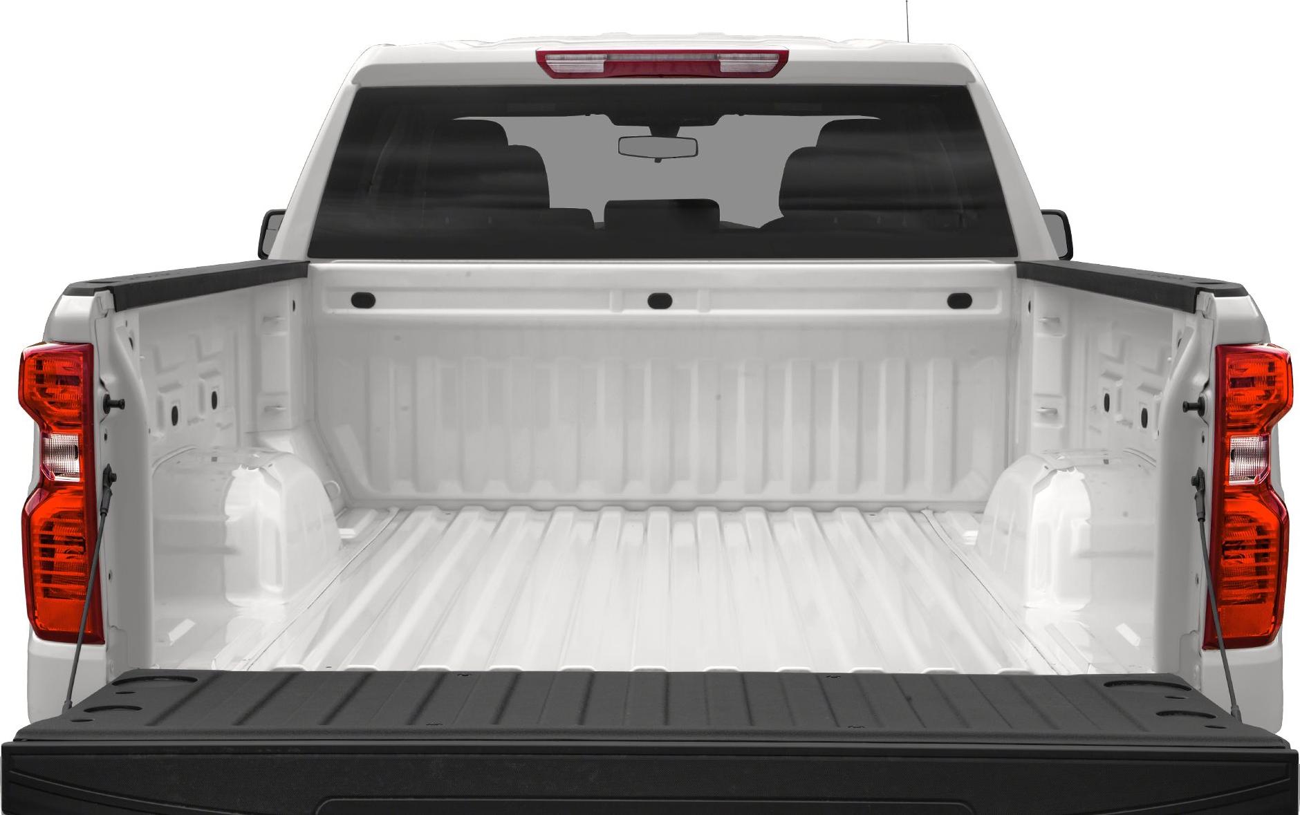 Open pickup truck bed with tailgate and red tail lights