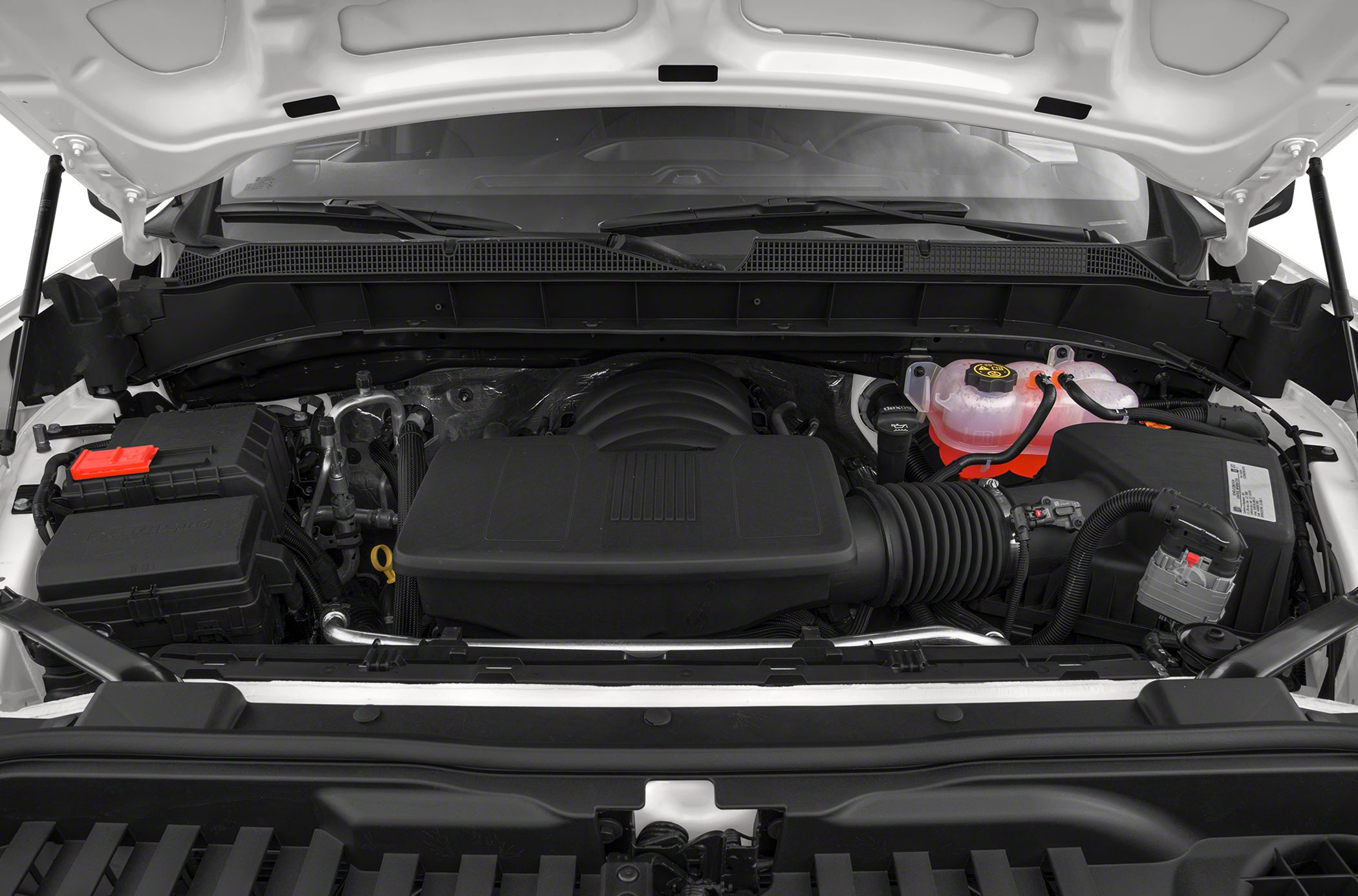 Engine compartment with covered engine and organized components