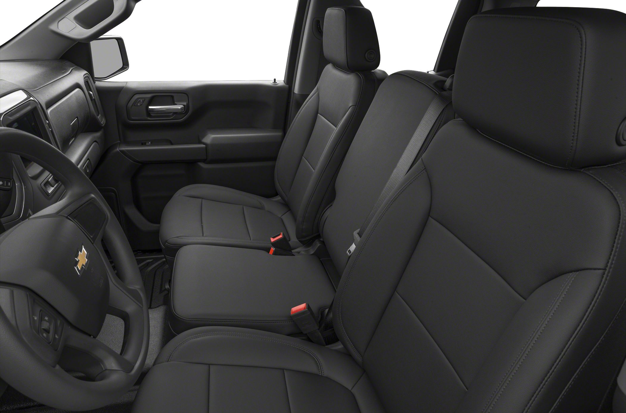 Black leather seats and dashboard interior with seat belts and steering wheel