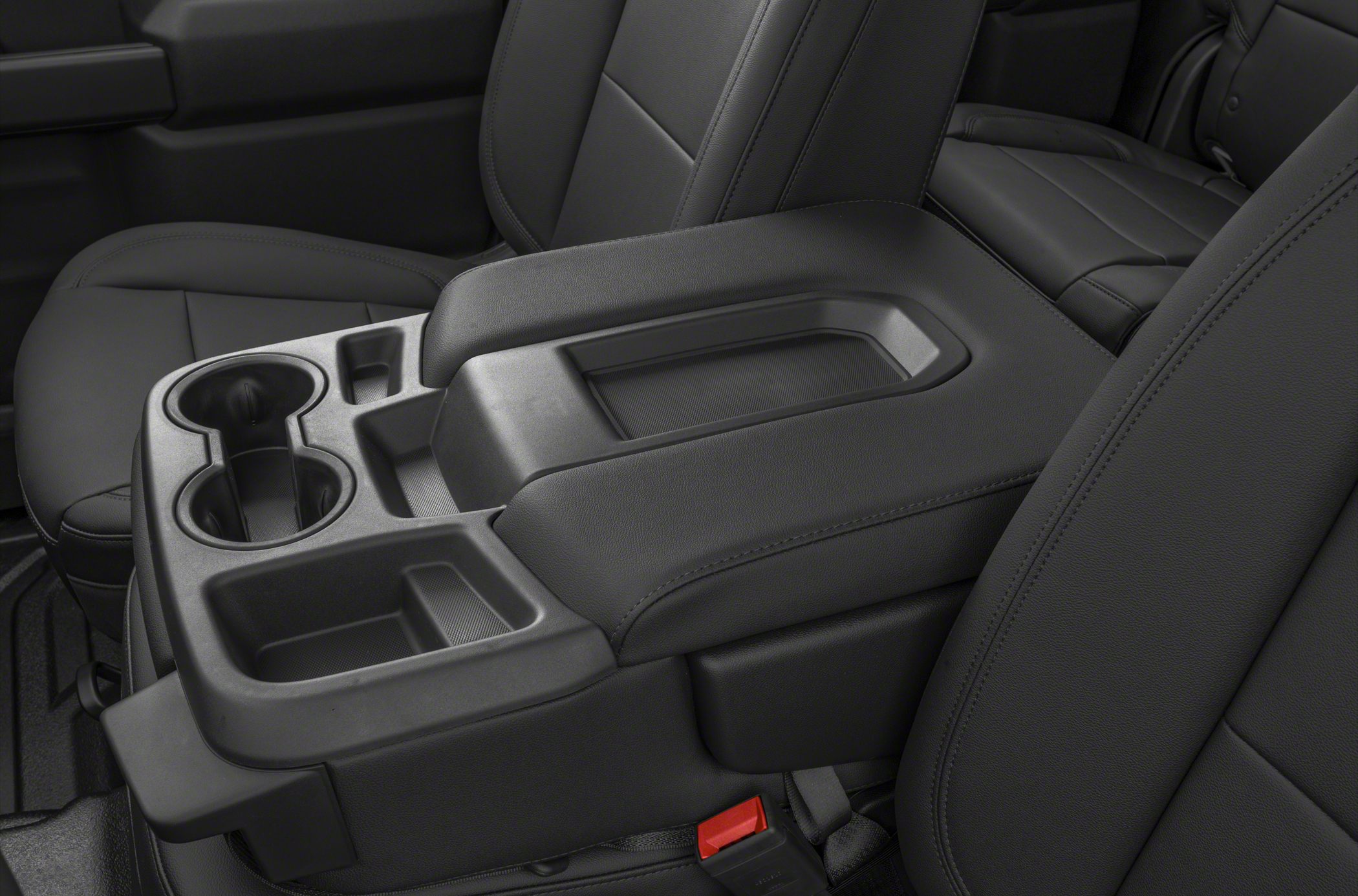 Interior center console with cup holders and storage compartments