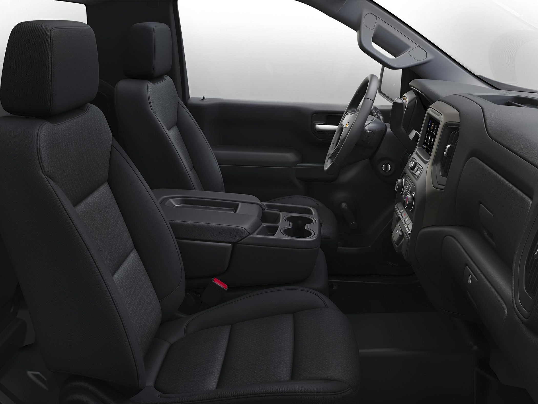 Spacious regular cab interior with durable seats and practical center console