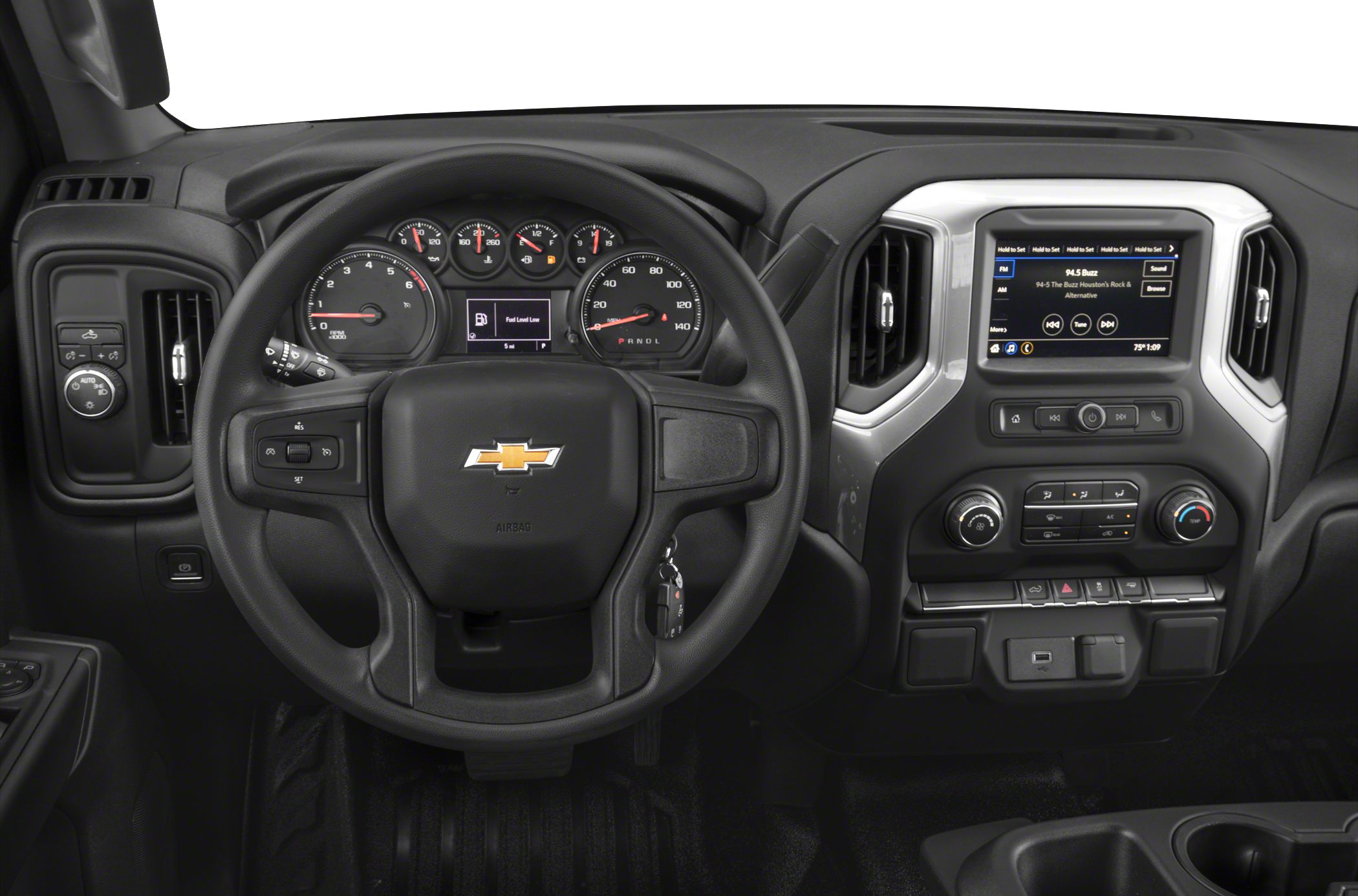Dashboard with instrument cluster, steering wheel, infotainment and climate controls