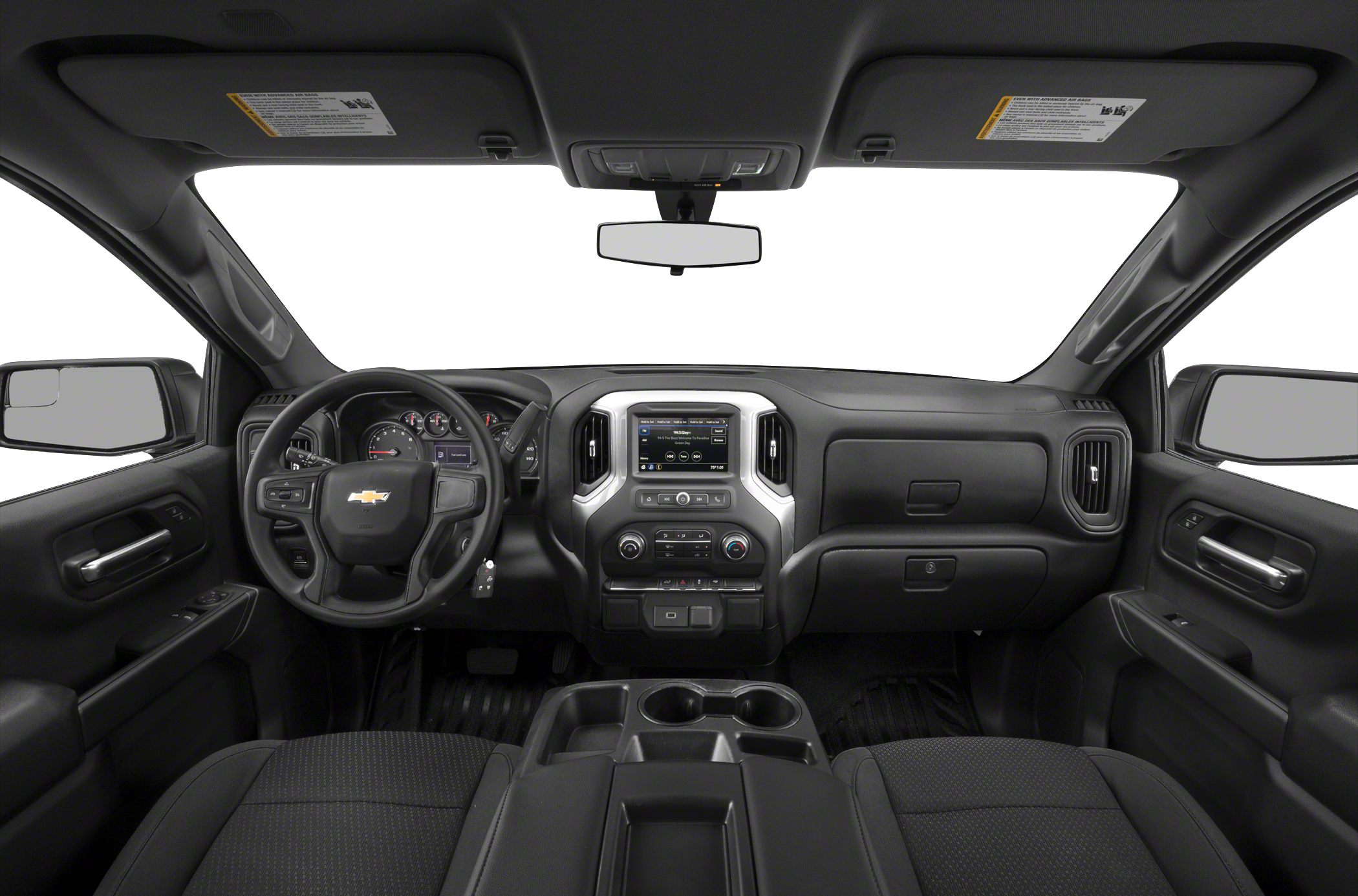 Pickup truck interior cabin with dashboard and steering wheel