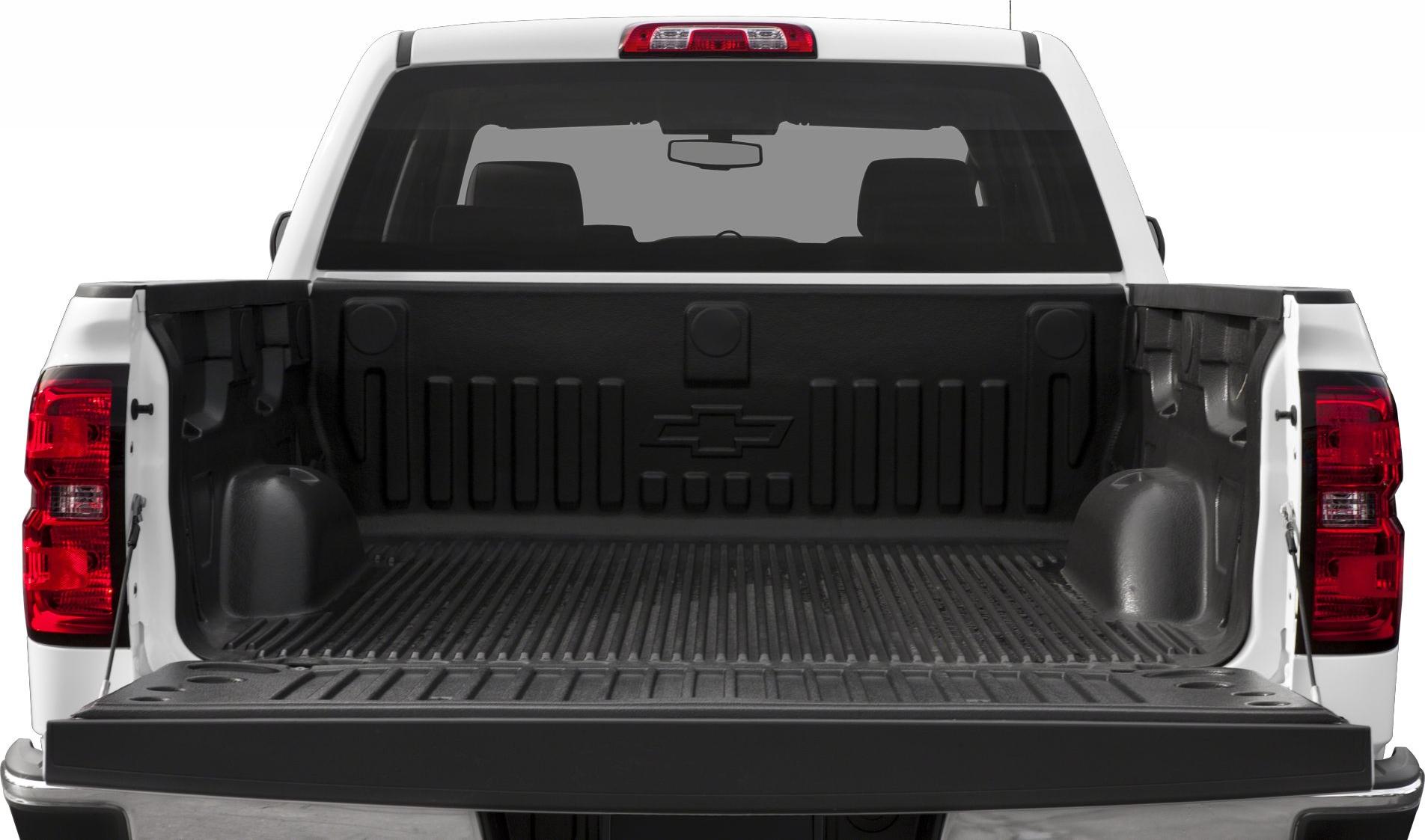 Open truck bed with bed liner and tailgate, double cab pickup rear view.