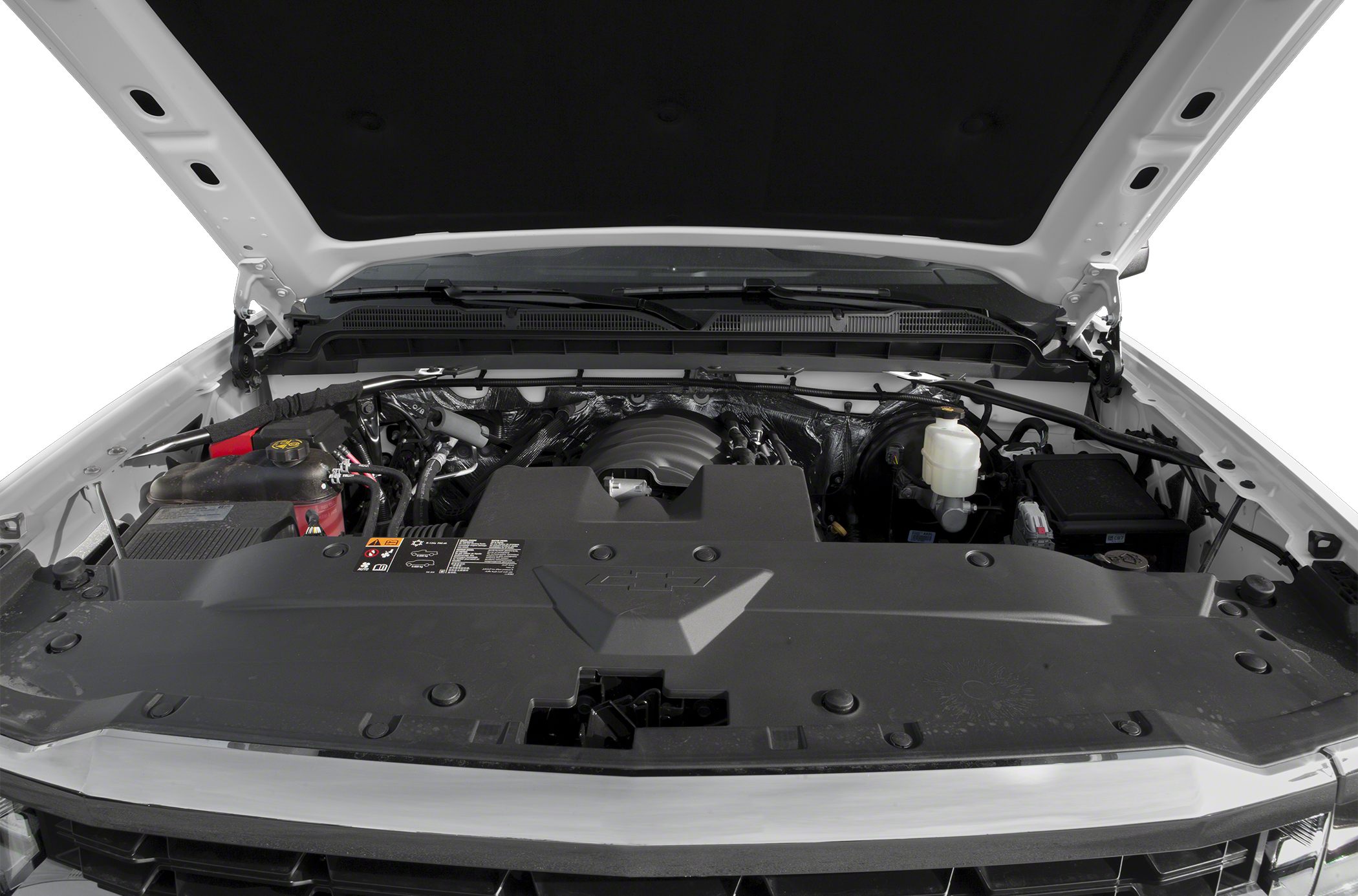 Open engine compartment with covered engine and surrounding components