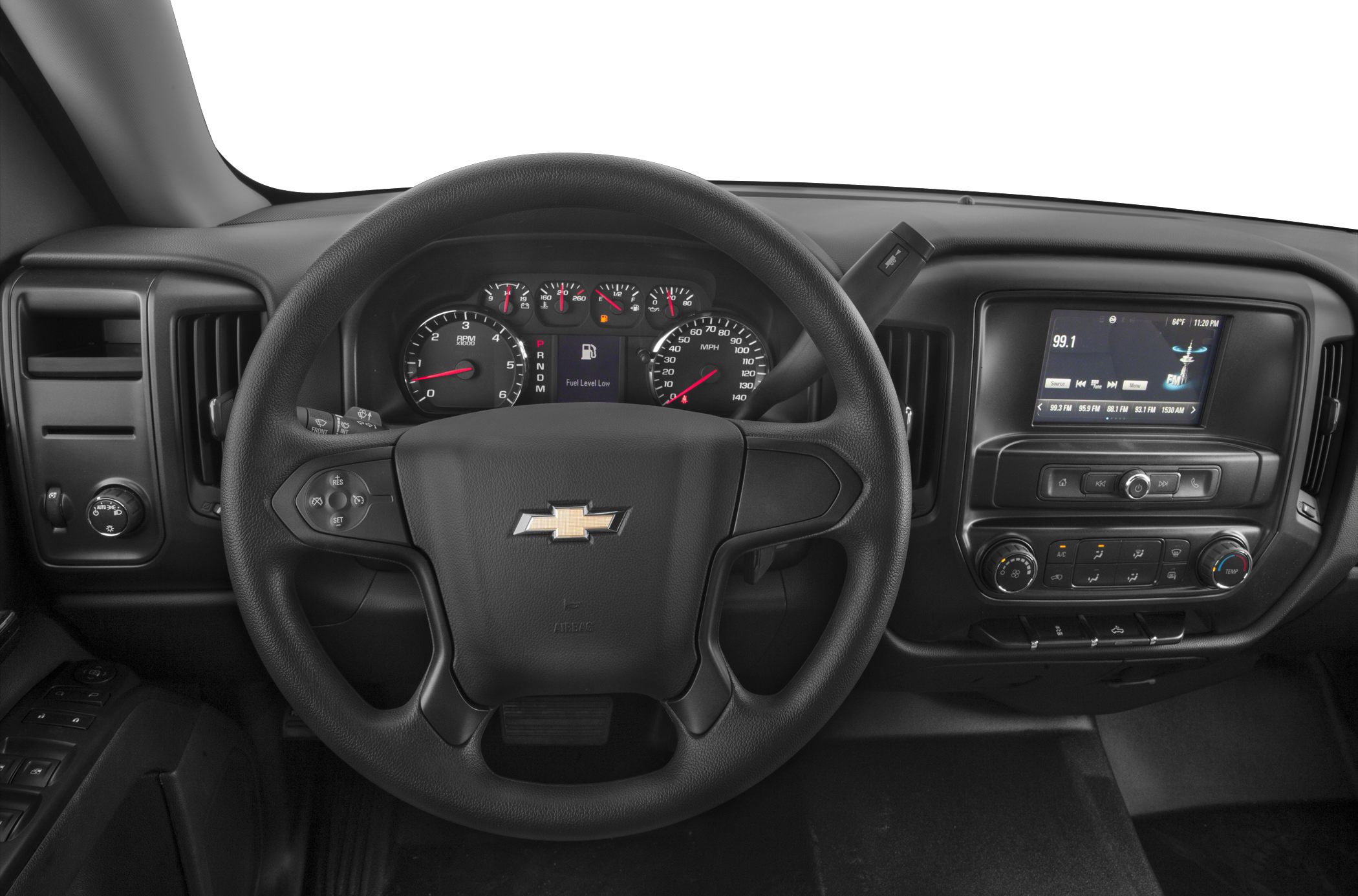 Steering wheel, dashboard instruments, infotainment display.