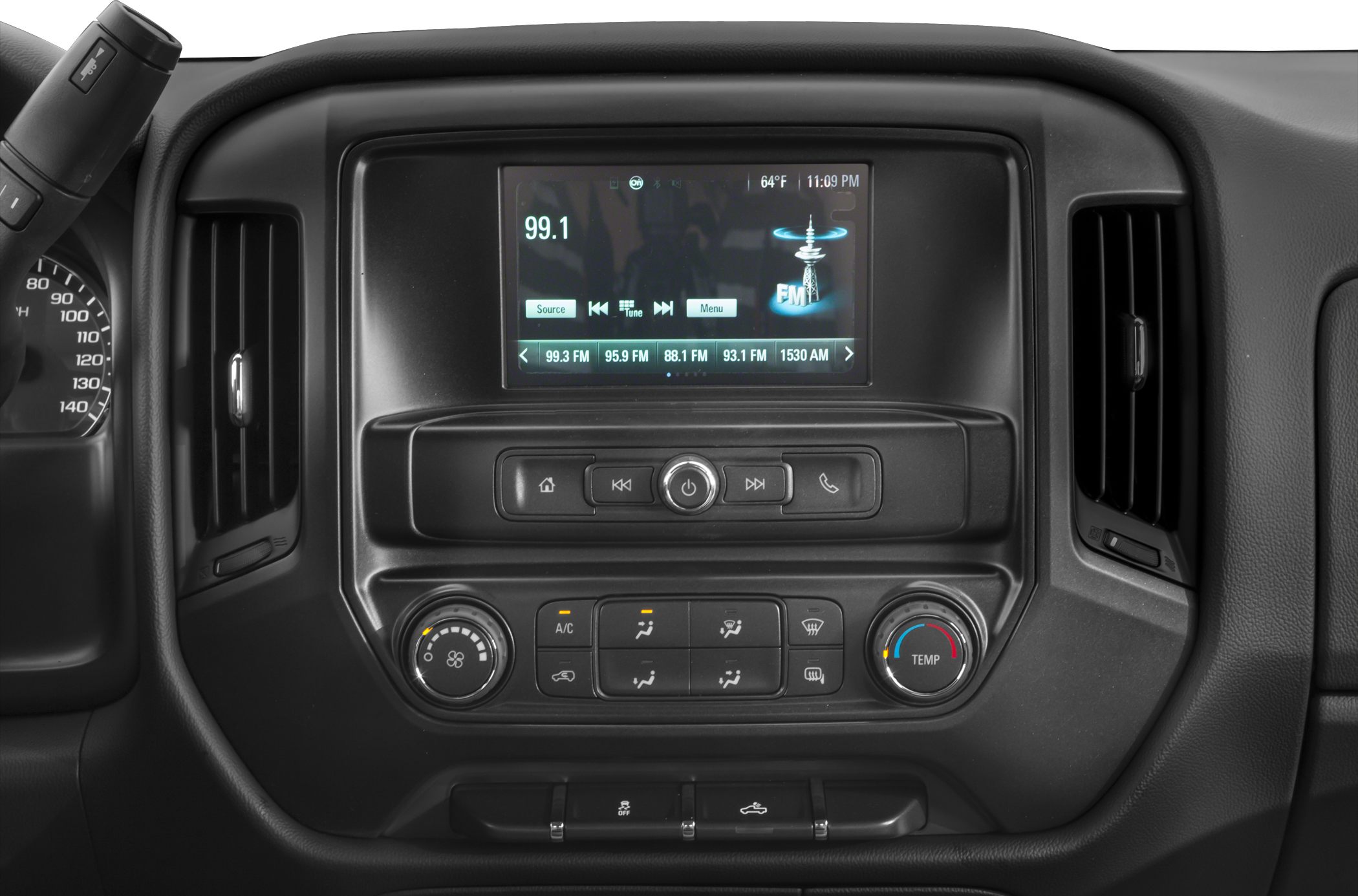 Dashboard center console with infotainment screen and climate control knobs