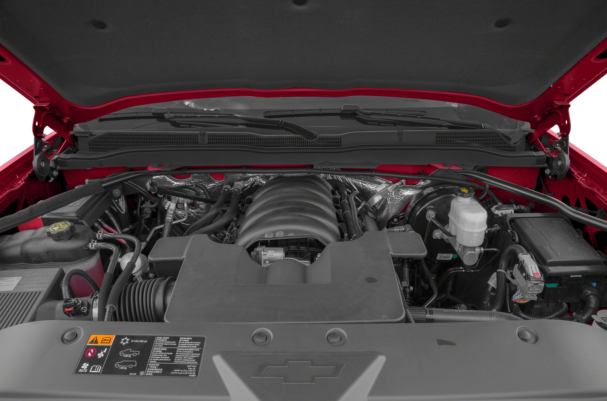 Open engine bay with V8 powertrain and mechanical components