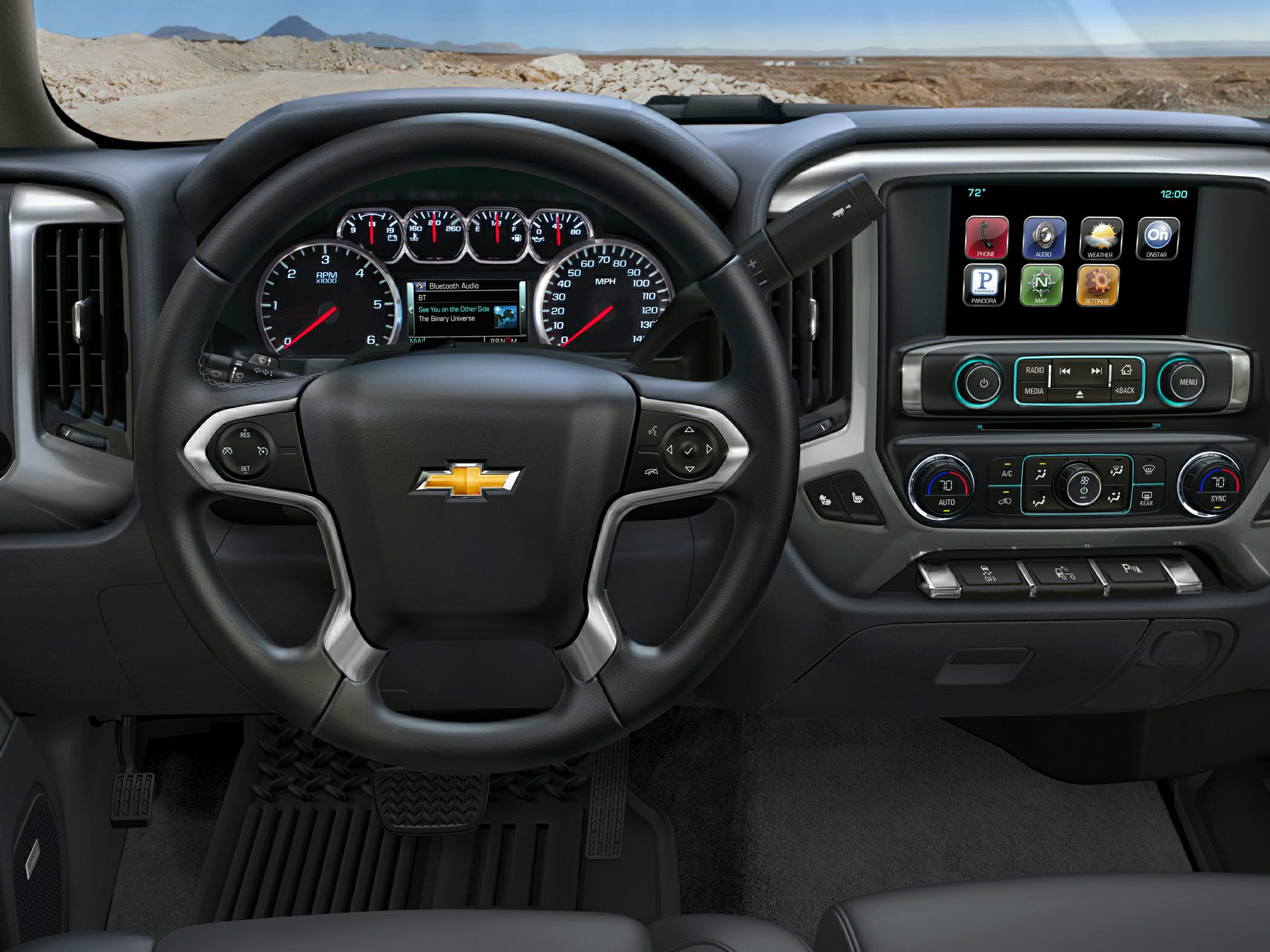 Dashboard and steering wheel with infotainment system and digital gauges