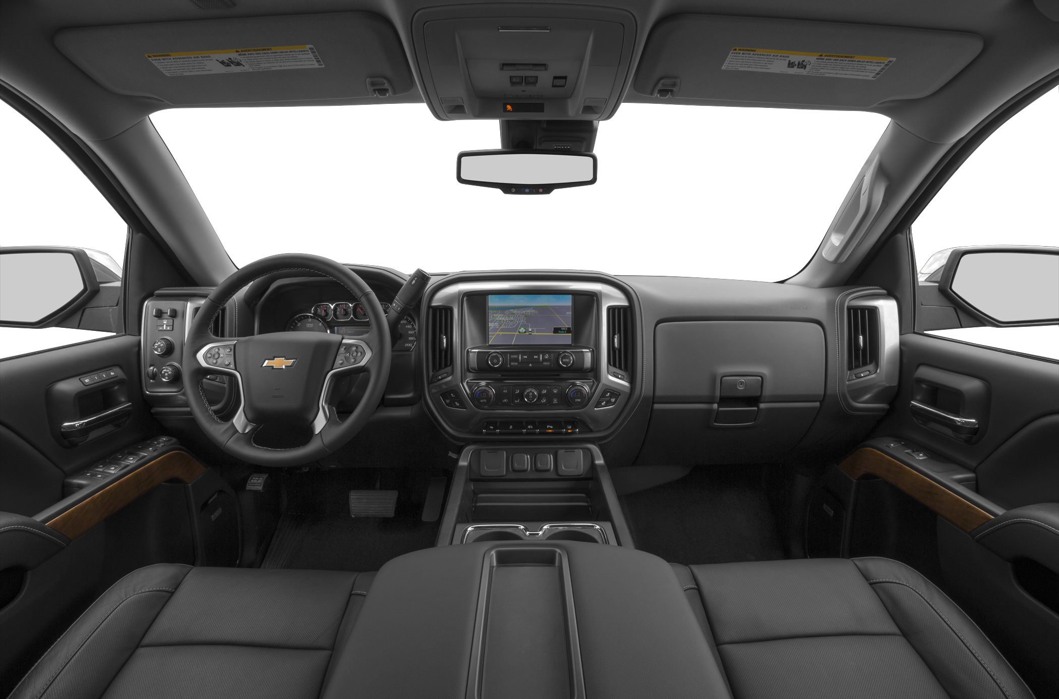 Truck interior with touchscreen and steering wheel controls