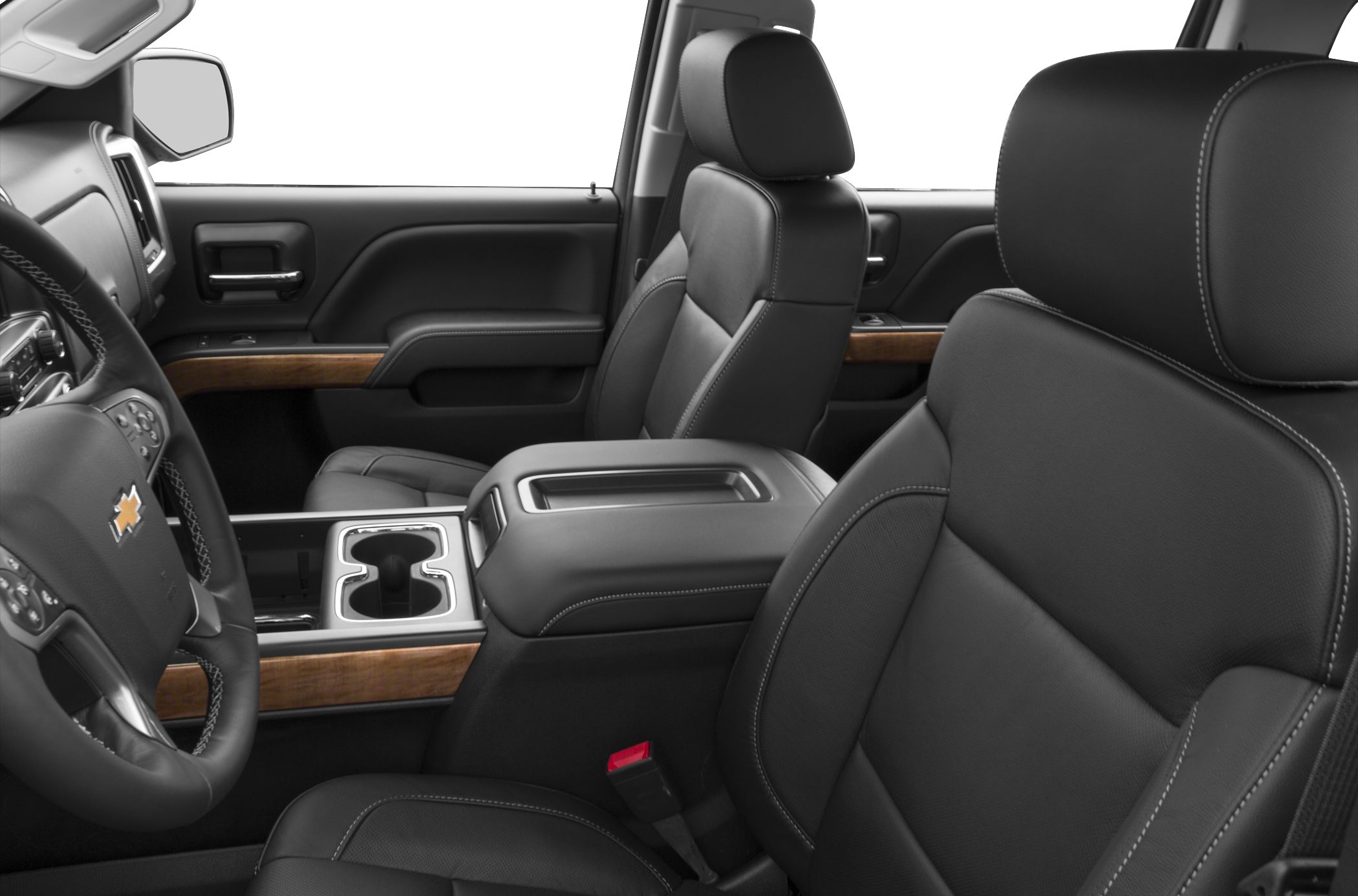 Black leather seats and wood trim interior with center console and steering wheel