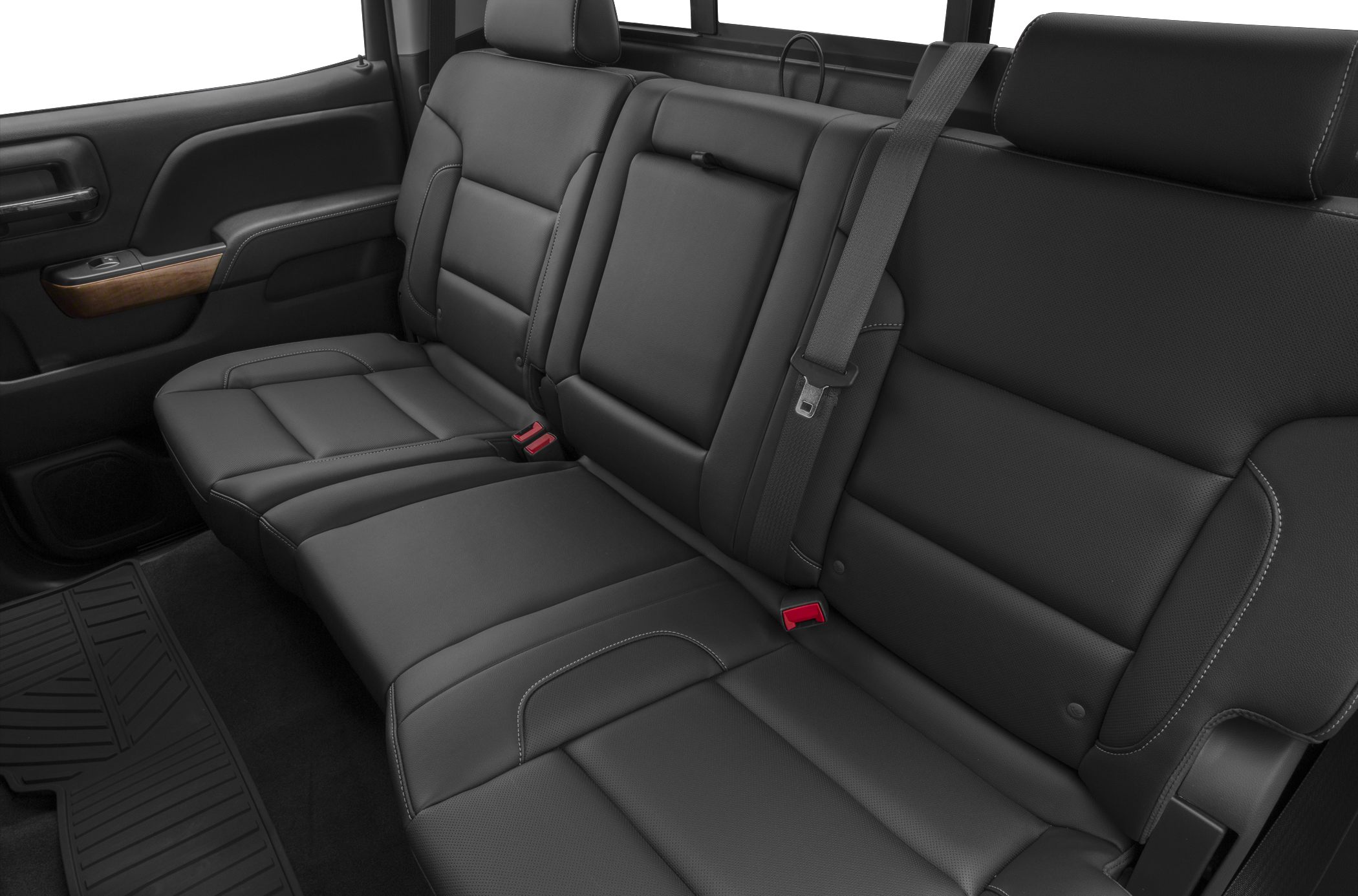 Black leather rear seats with stitching and seatbelt