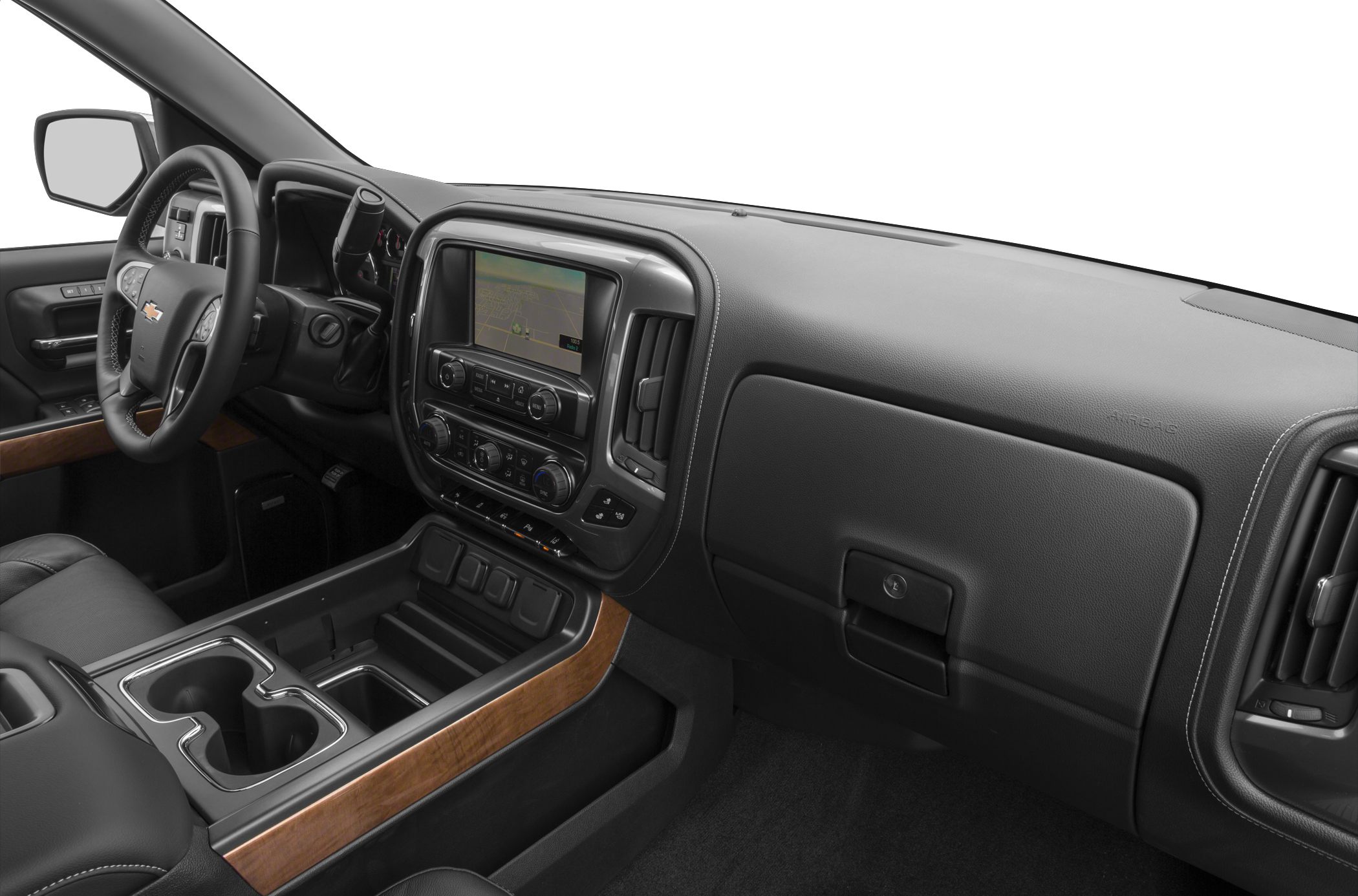 Dashboard and center console with infotainment and steering wheel