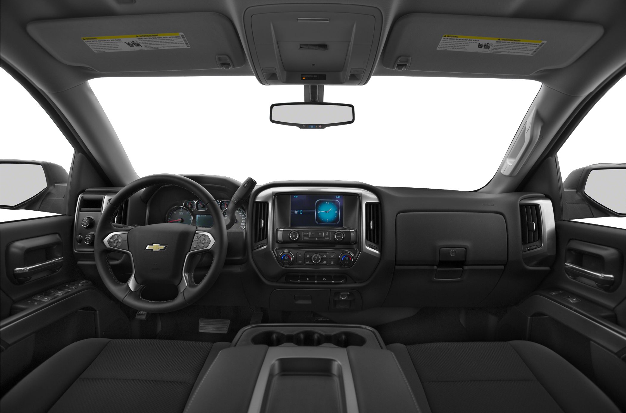 Dashboard and steering wheel interior view of a pickup truck