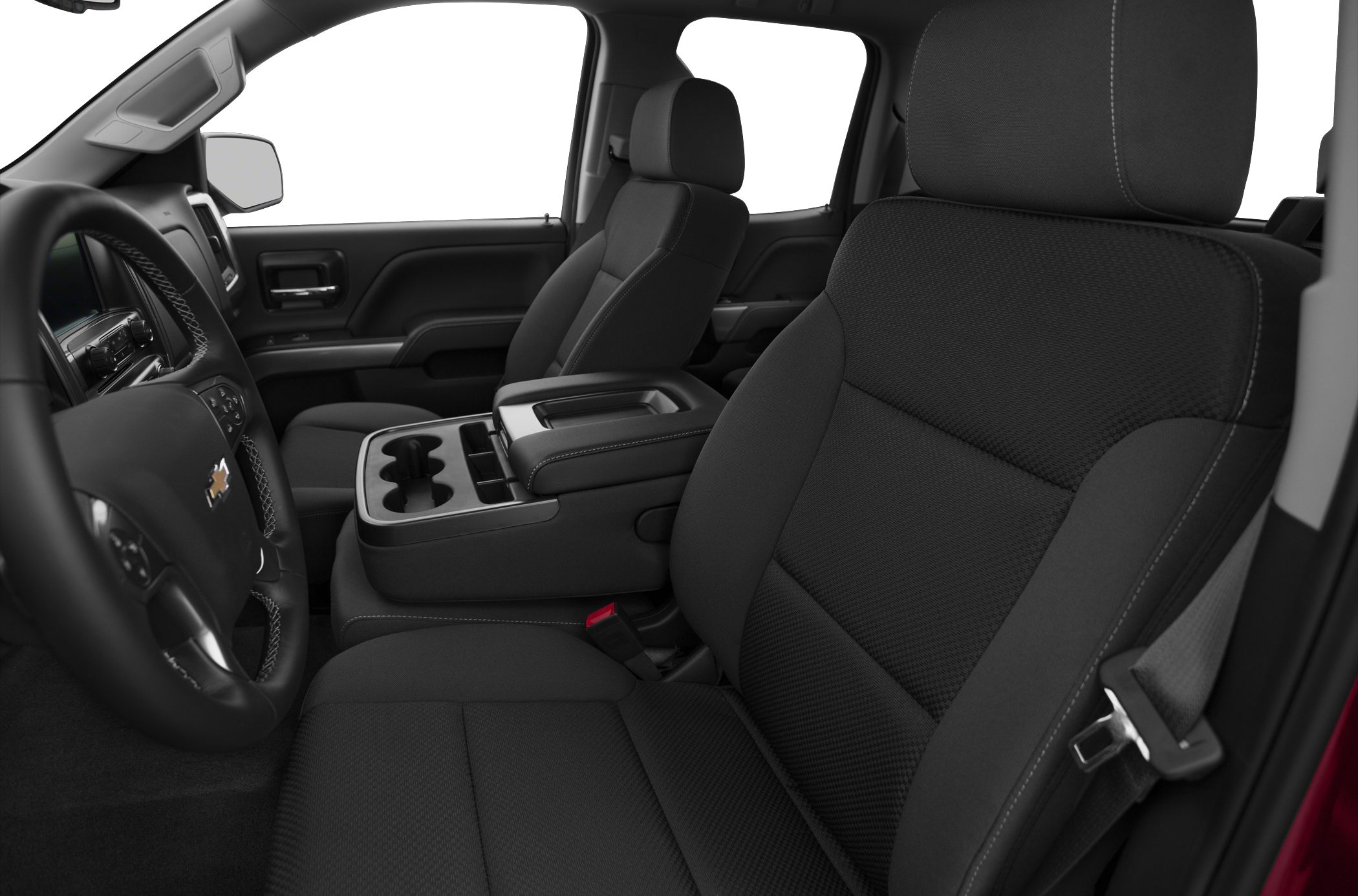 Black fabric front seats with center console and steering wheel