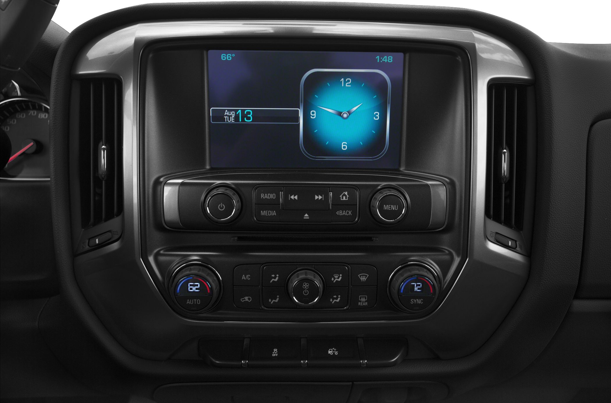 Infotainment screen and dual-zone climate controls with analog clock display