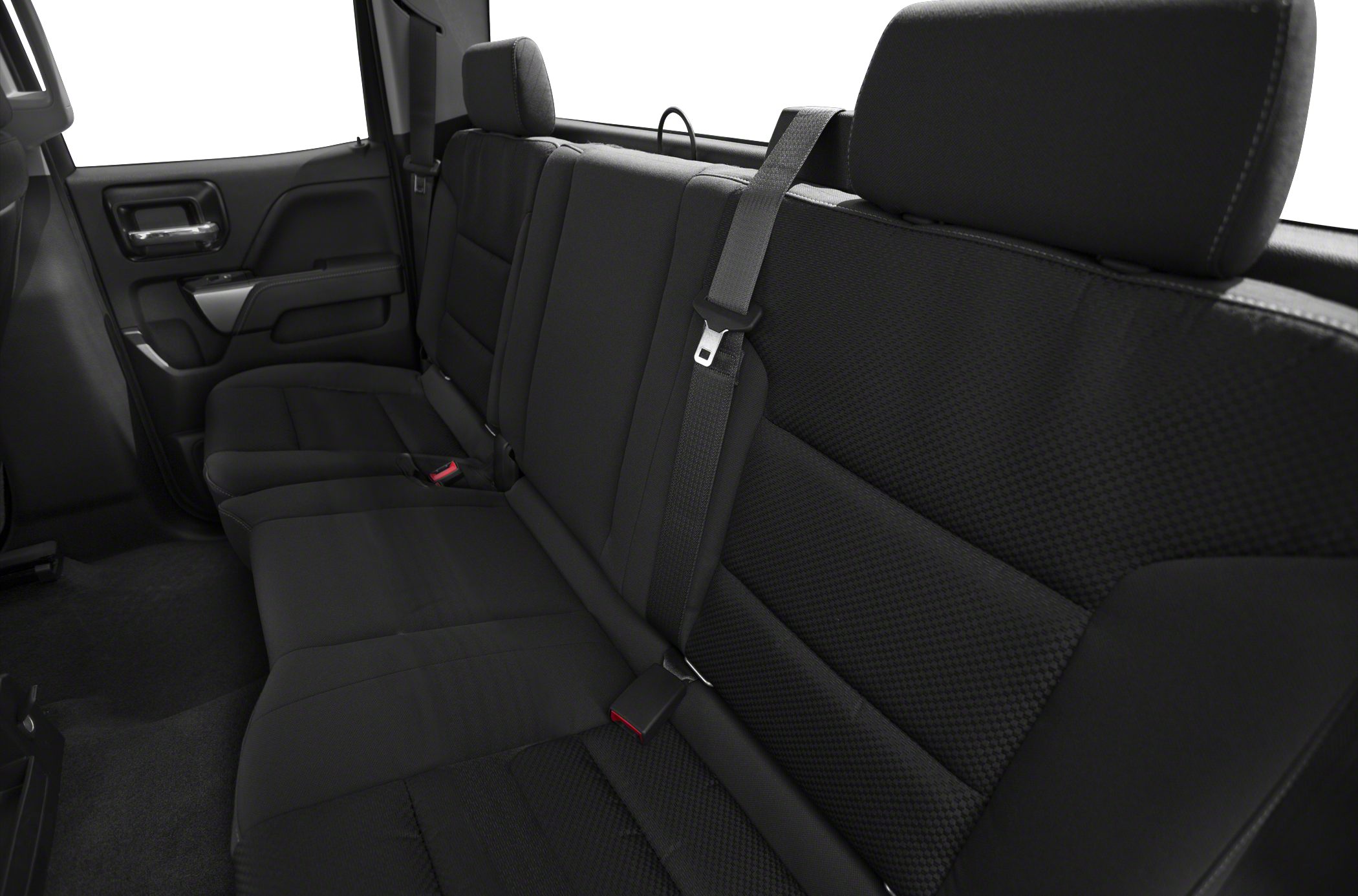 Black rear seat interior with headrests and seatbelt