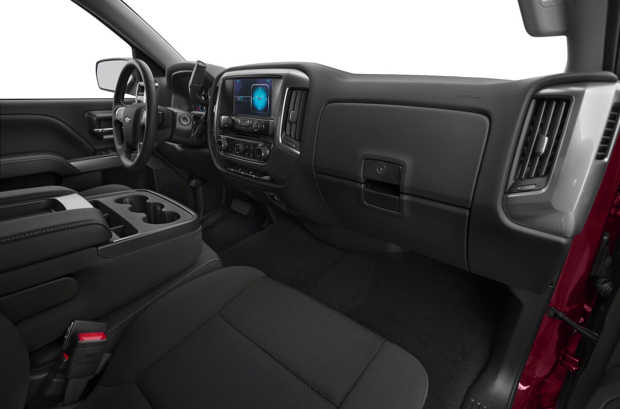 Pickup truck interior with dashboard and center console