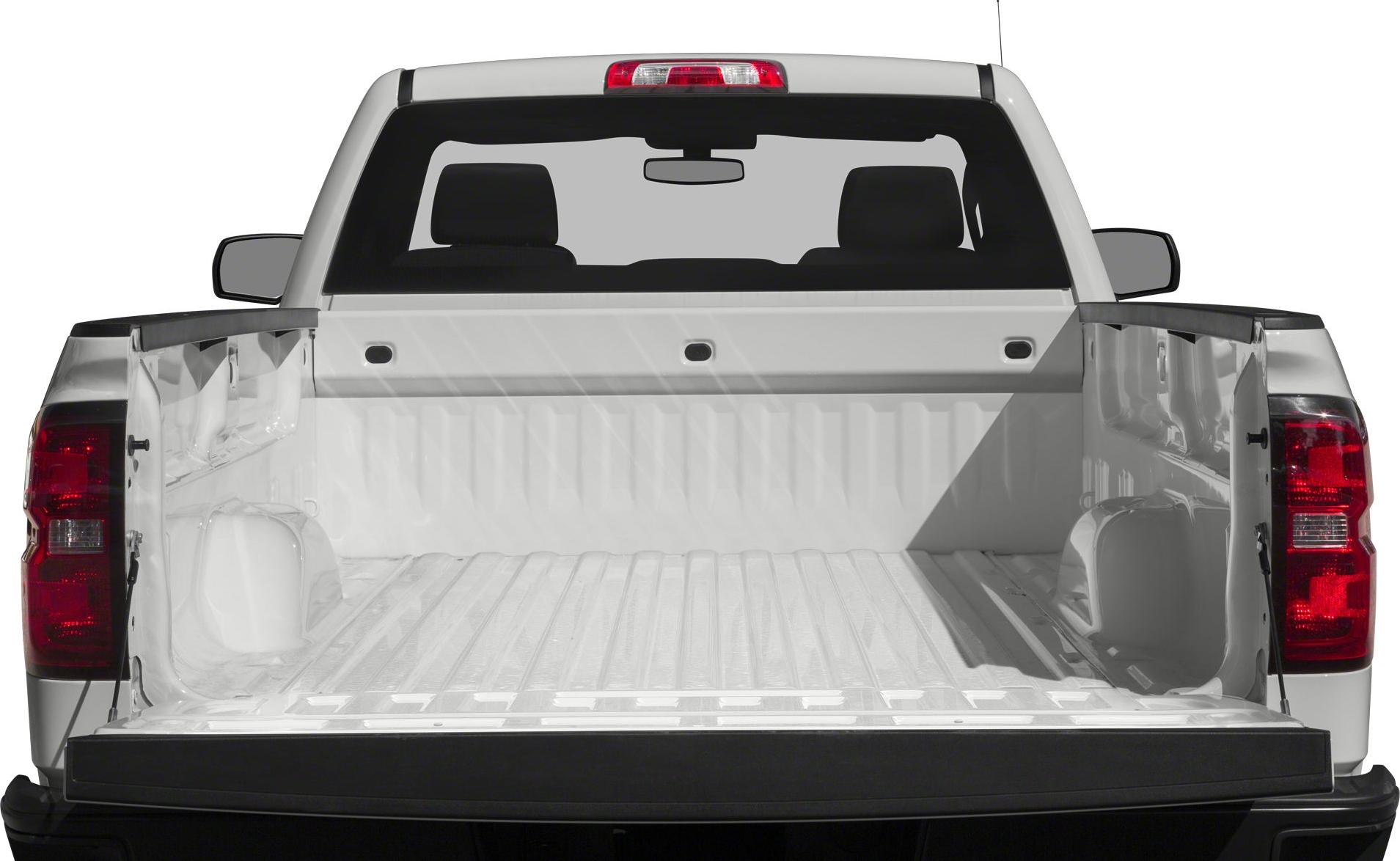 Open wide cargo bed with folded down tailgate and visible rear cabin window