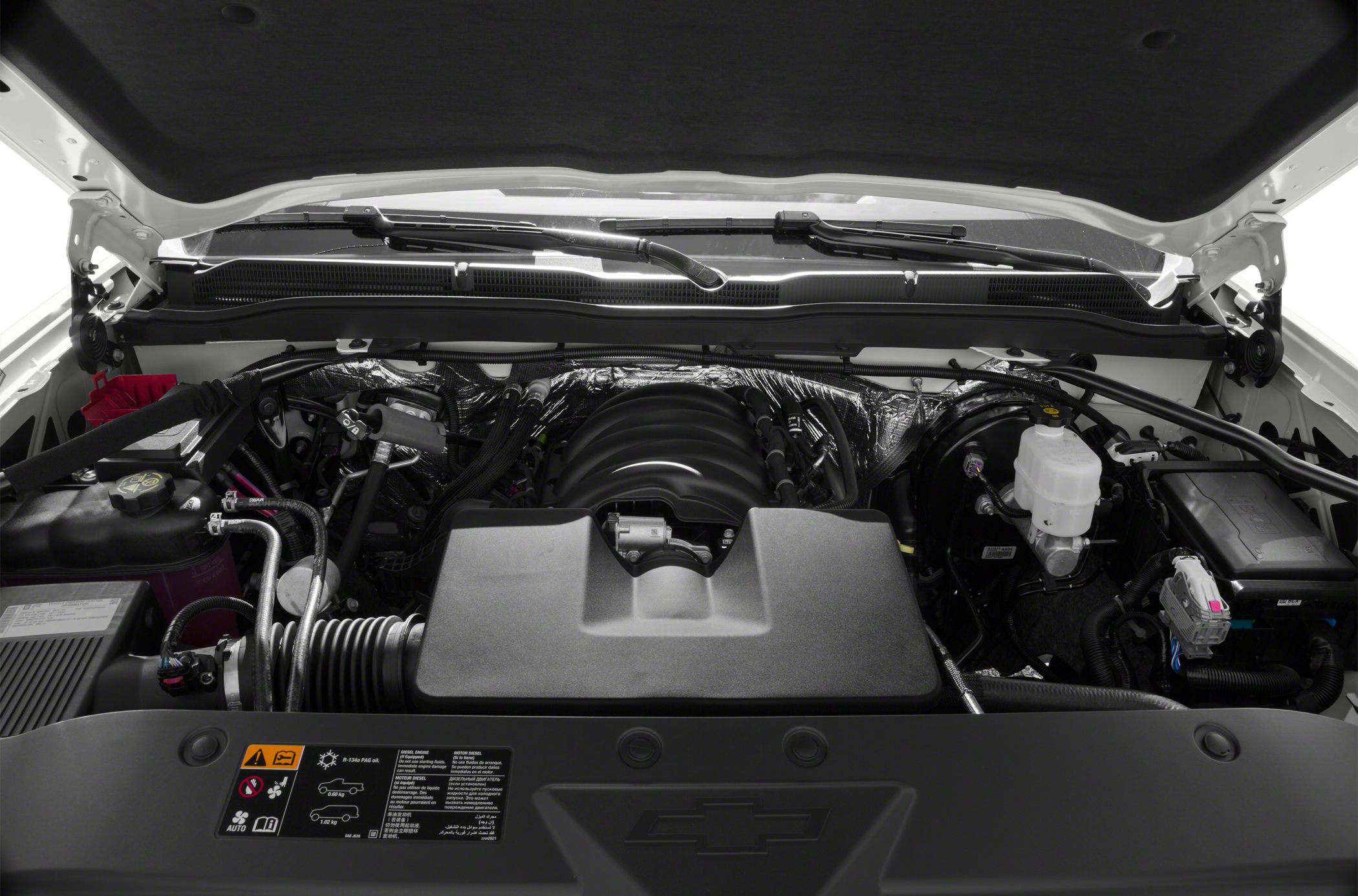 V8 engine bay with detailed components under hood