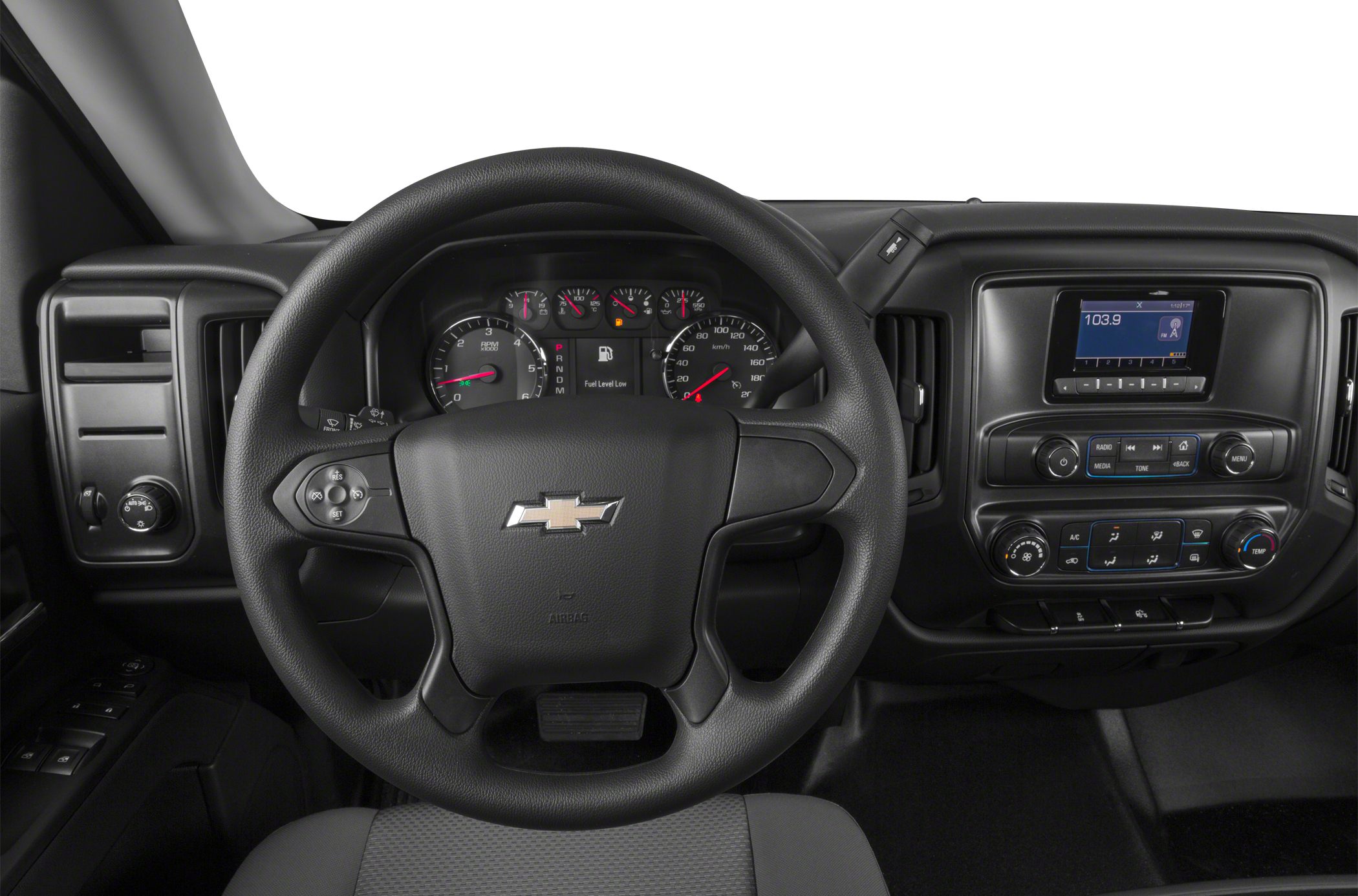 Dashboard and steering wheel with analog gauges and multimedia system