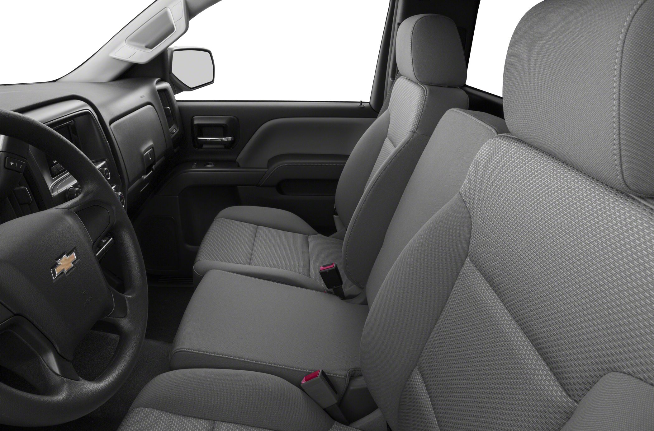 Gray fabric front bench seats and steering wheel in truck interior