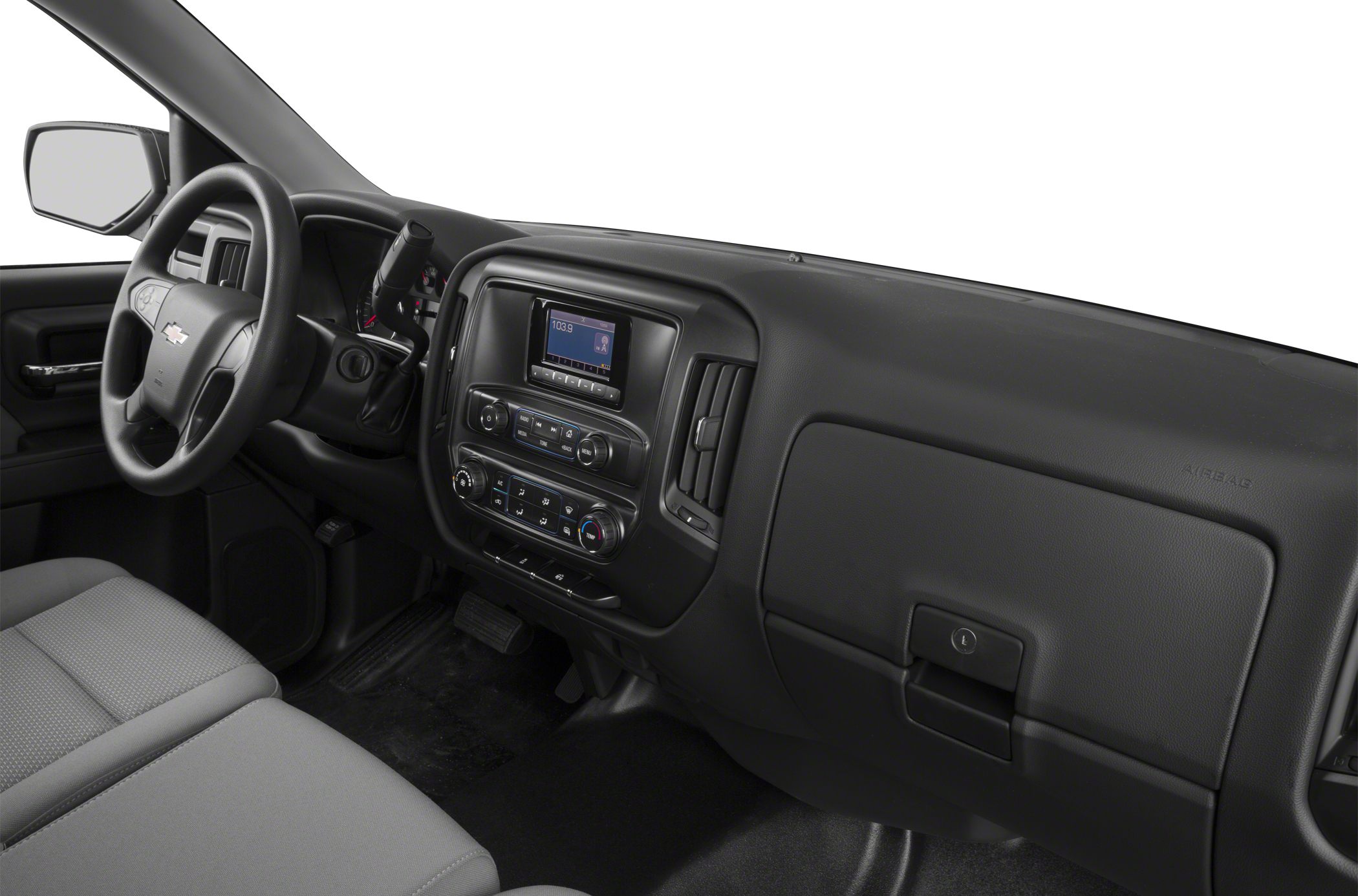 Dashboard and steering wheel with infotainment and climate controls