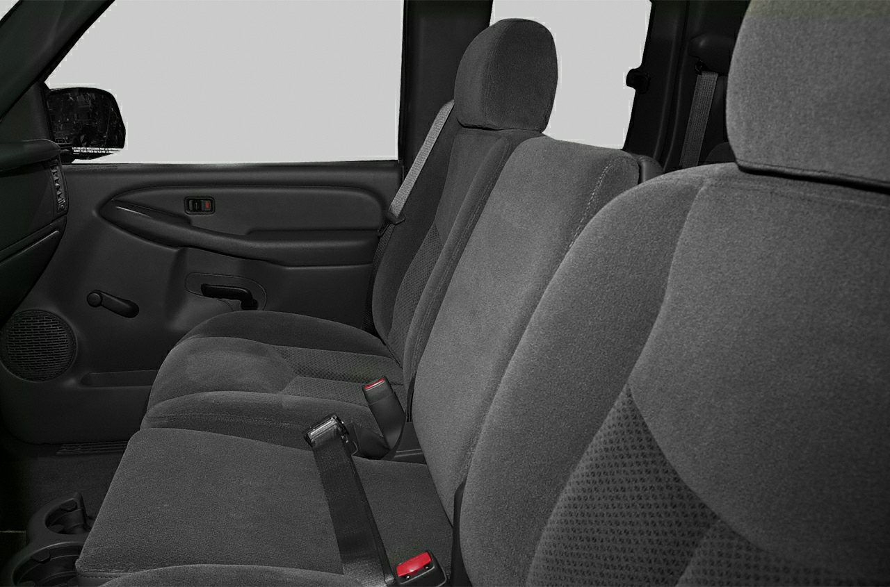 Gray fabric crew cab interior with manual window and seatbelt features